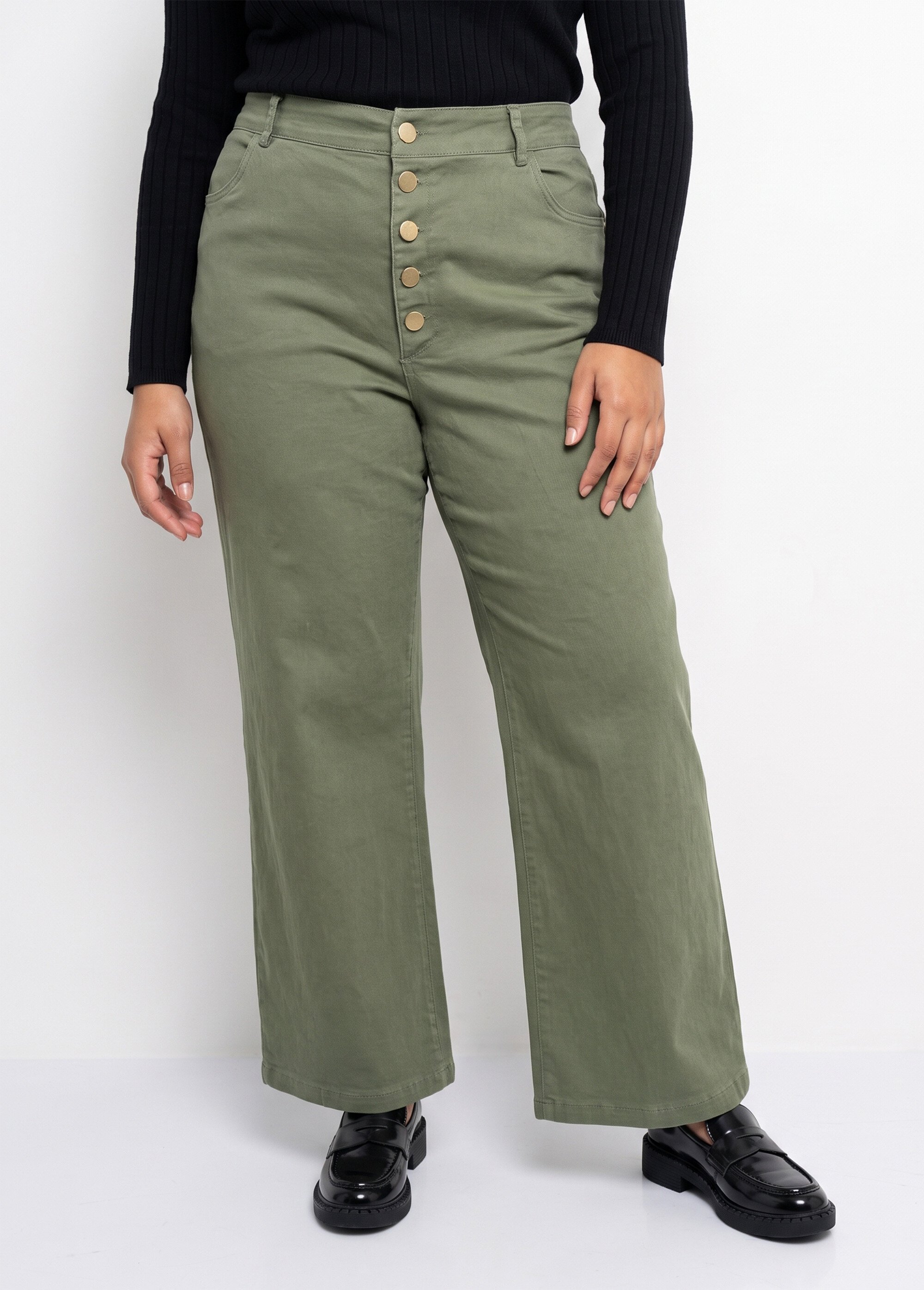Pantalon en toile denim, boutons métal Femme Grande Taille Vert MA-M1277-2611 FA1