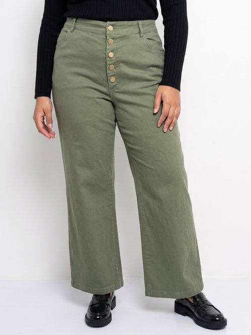 Pantalon en toile denim, boutons métal Femme Grande Taille Vert MA-M1277-2611 FA1