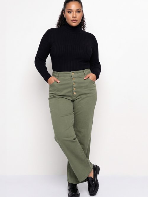 Pantalon en toile denim, boutons métal Femme Grande Taille Vert MA-M1277-2611 MV1