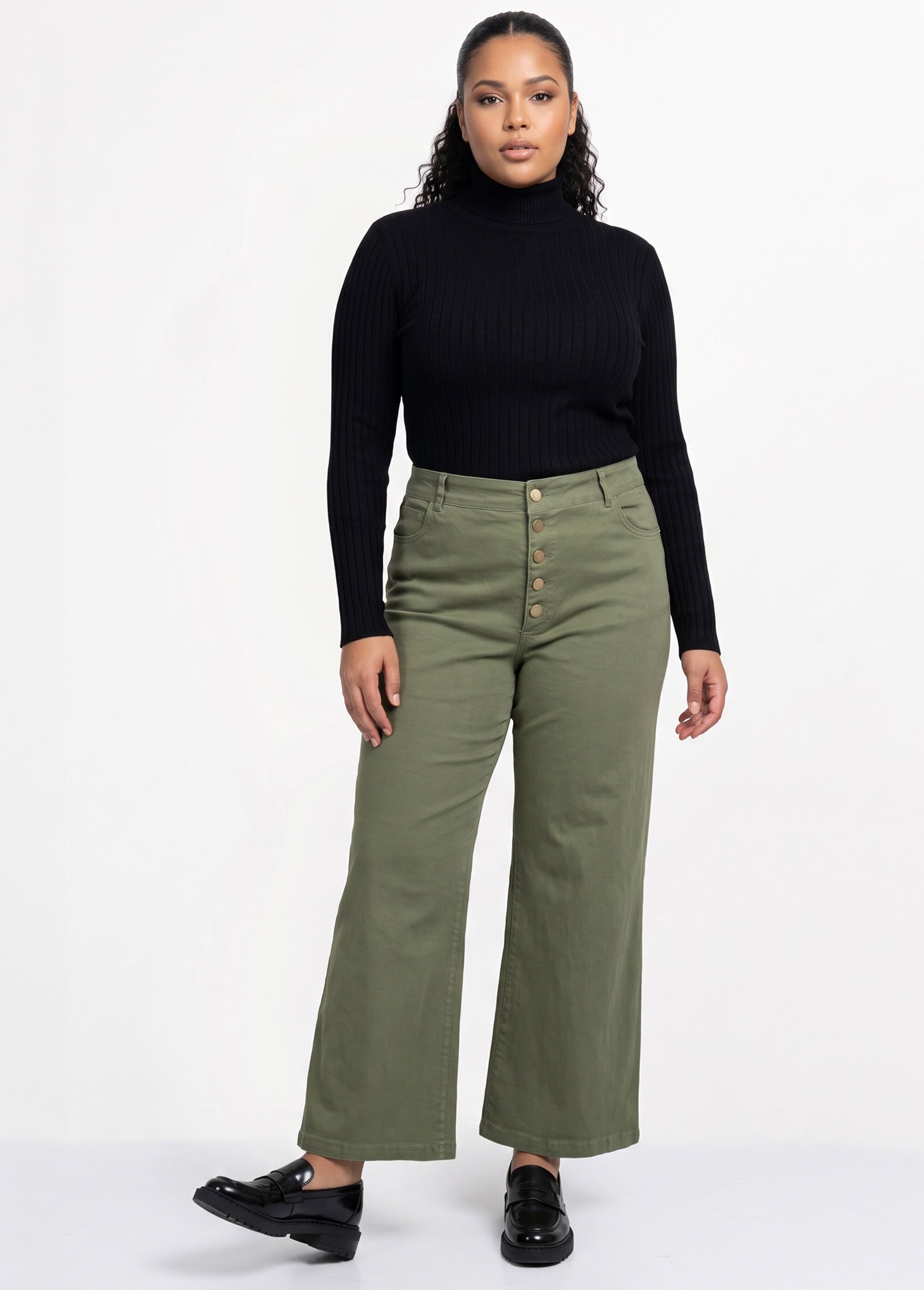 Pantalon en toile denim, boutons métal Femme Grande Taille Vert MA-M1277-2611 SI1