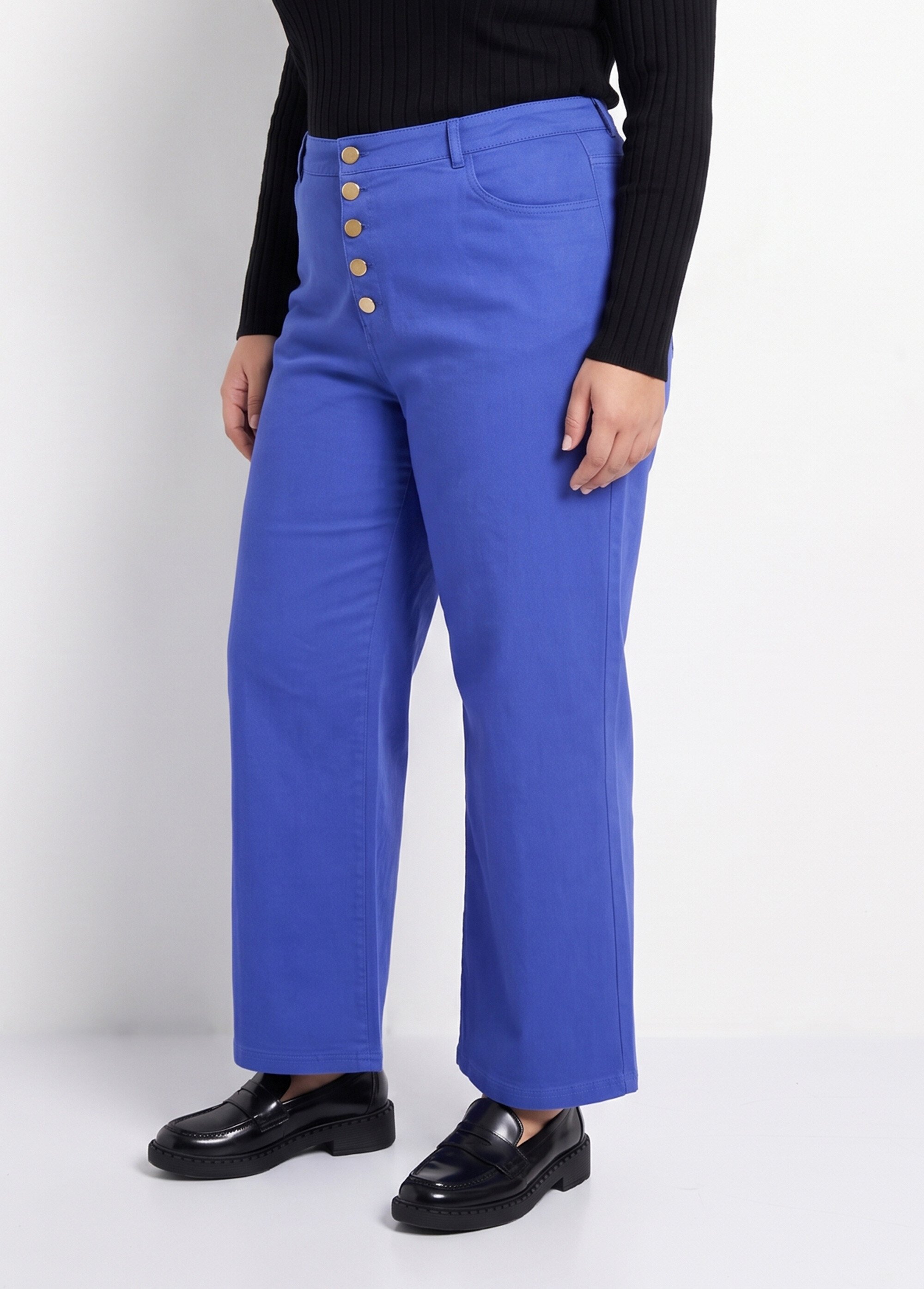 Pantalon en toile denim, boutons métal Femme Grande Taille Bleu MA-M1277-2611 DR1
