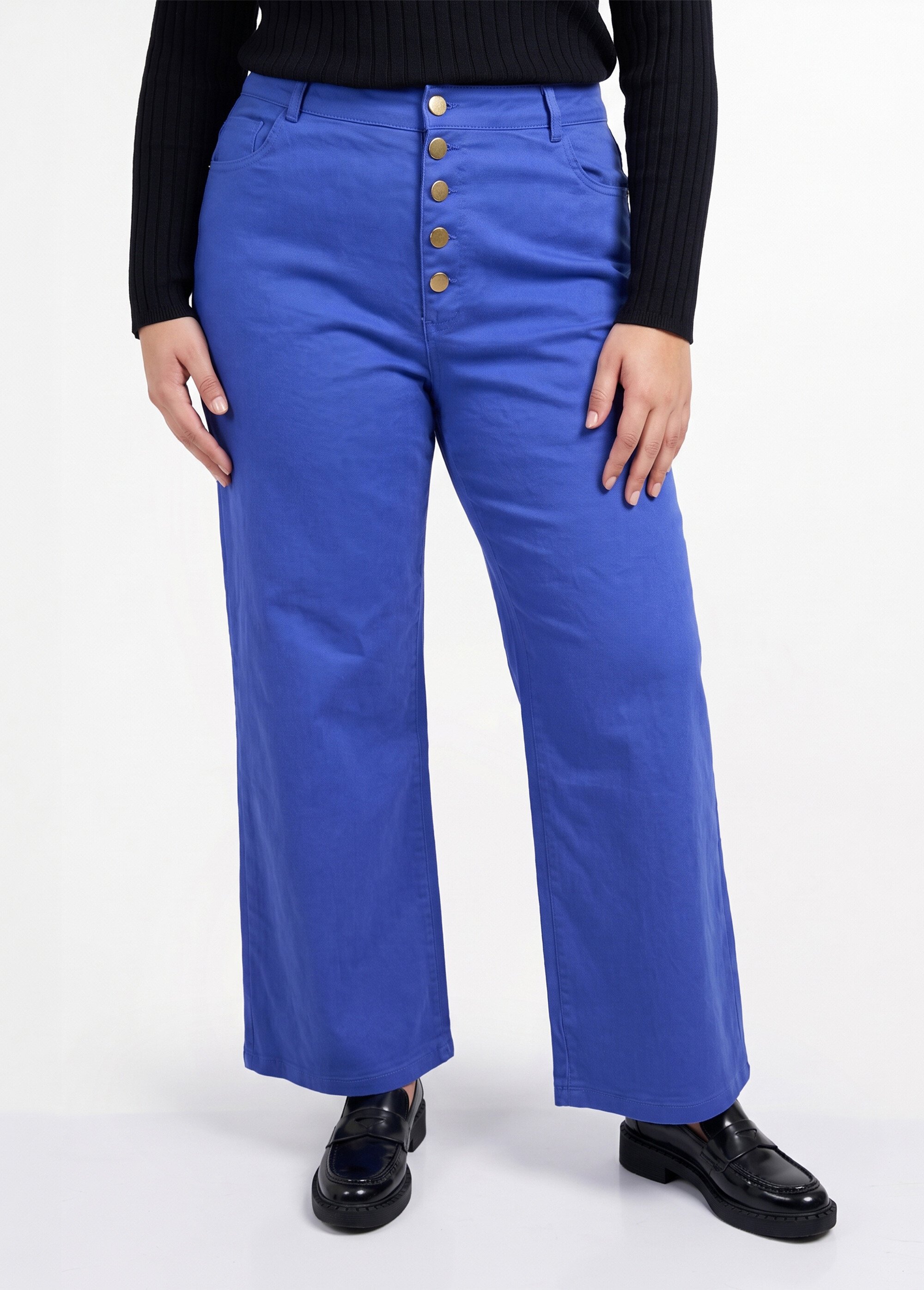 Pantalon en toile denim, boutons métal Femme Grande Taille Bleu MA-M1277-2611 FA1