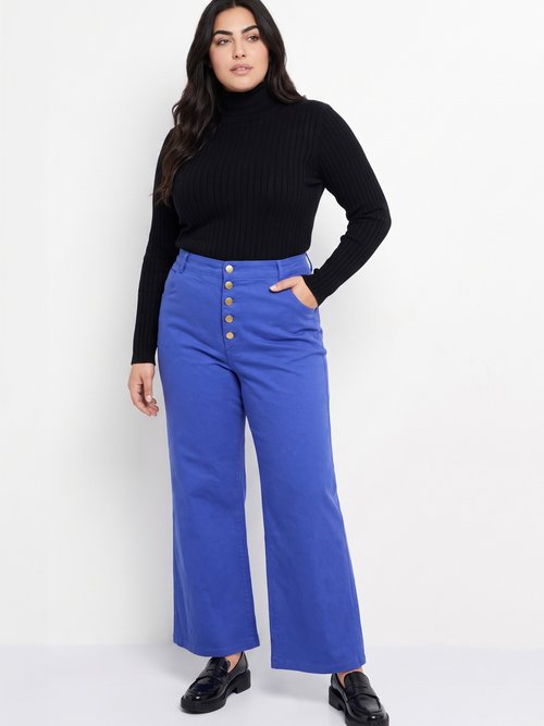 Pantalon en toile denim, boutons métal Femme Grande Taille Bleu MA-M1277-2611 MV1