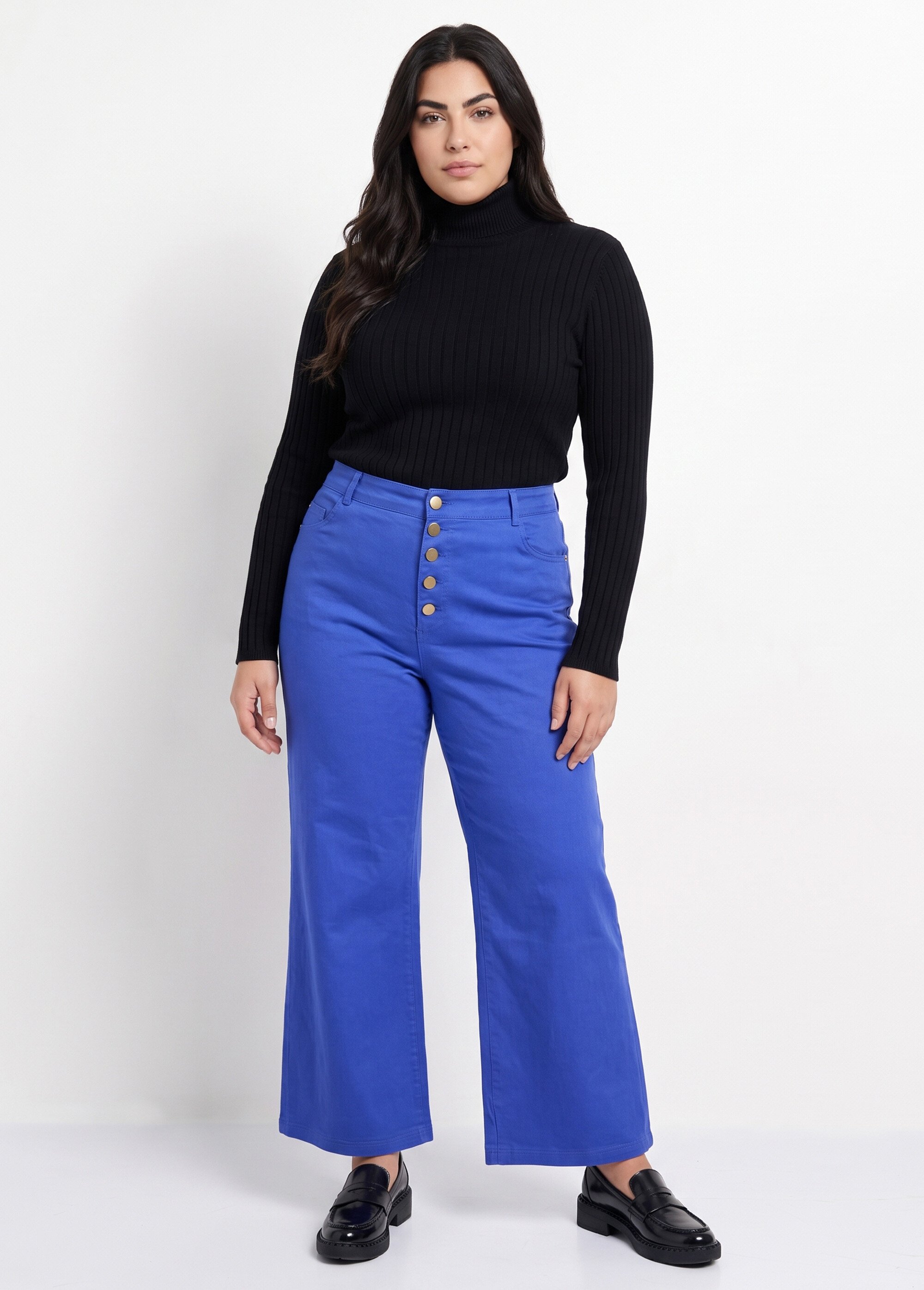 Pantalon en toile denim, boutons métal Femme Grande Taille Bleu MA-M1277-2611 SI1