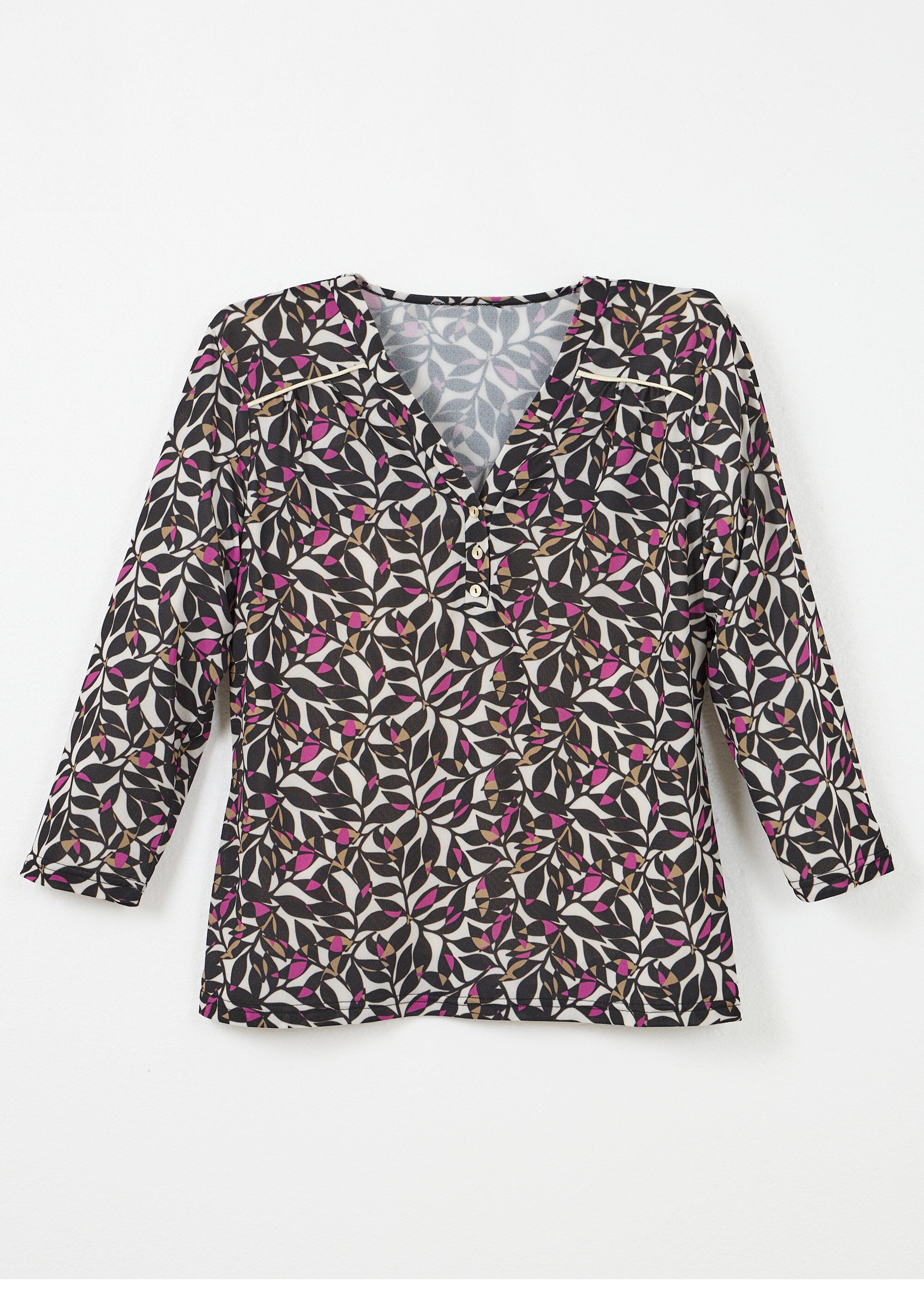 T-shirt court col V manches 3/4 imprimé feuilles Femme ECRU ET ROSE CYGALE AP1