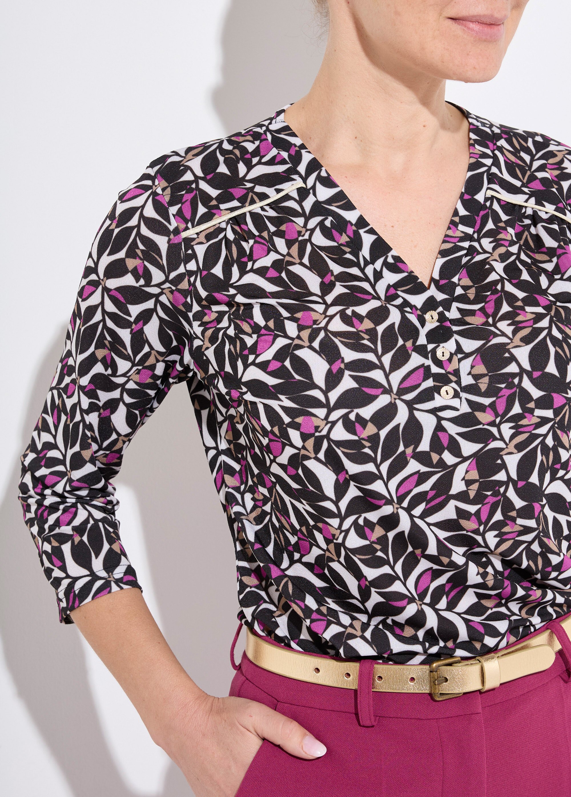 T-shirt court col V manches 3/4 imprimé feuilles Femme ECRU ET ROSE CYGALE DE1