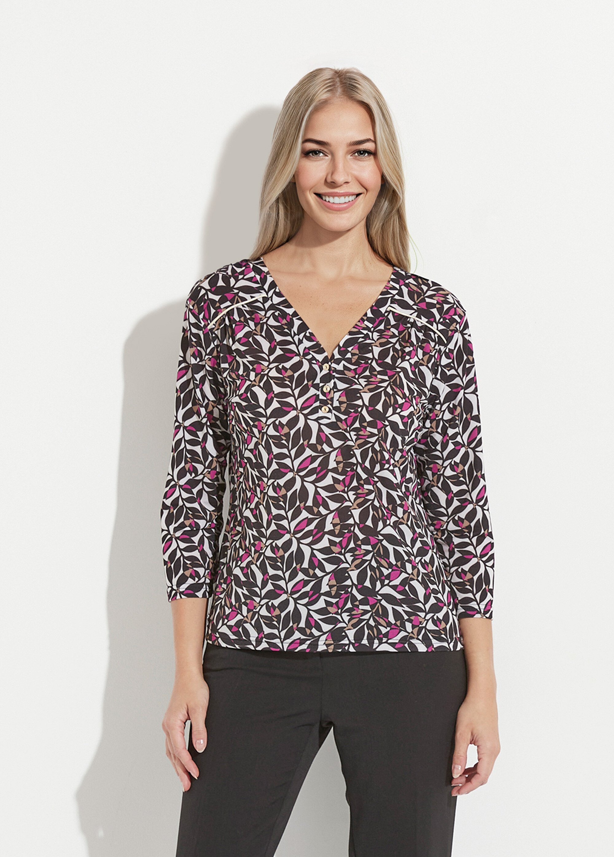T-shirt court col V manches 3/4 imprimé feuilles Femme ECRU ET ROSE CYGALE FA1