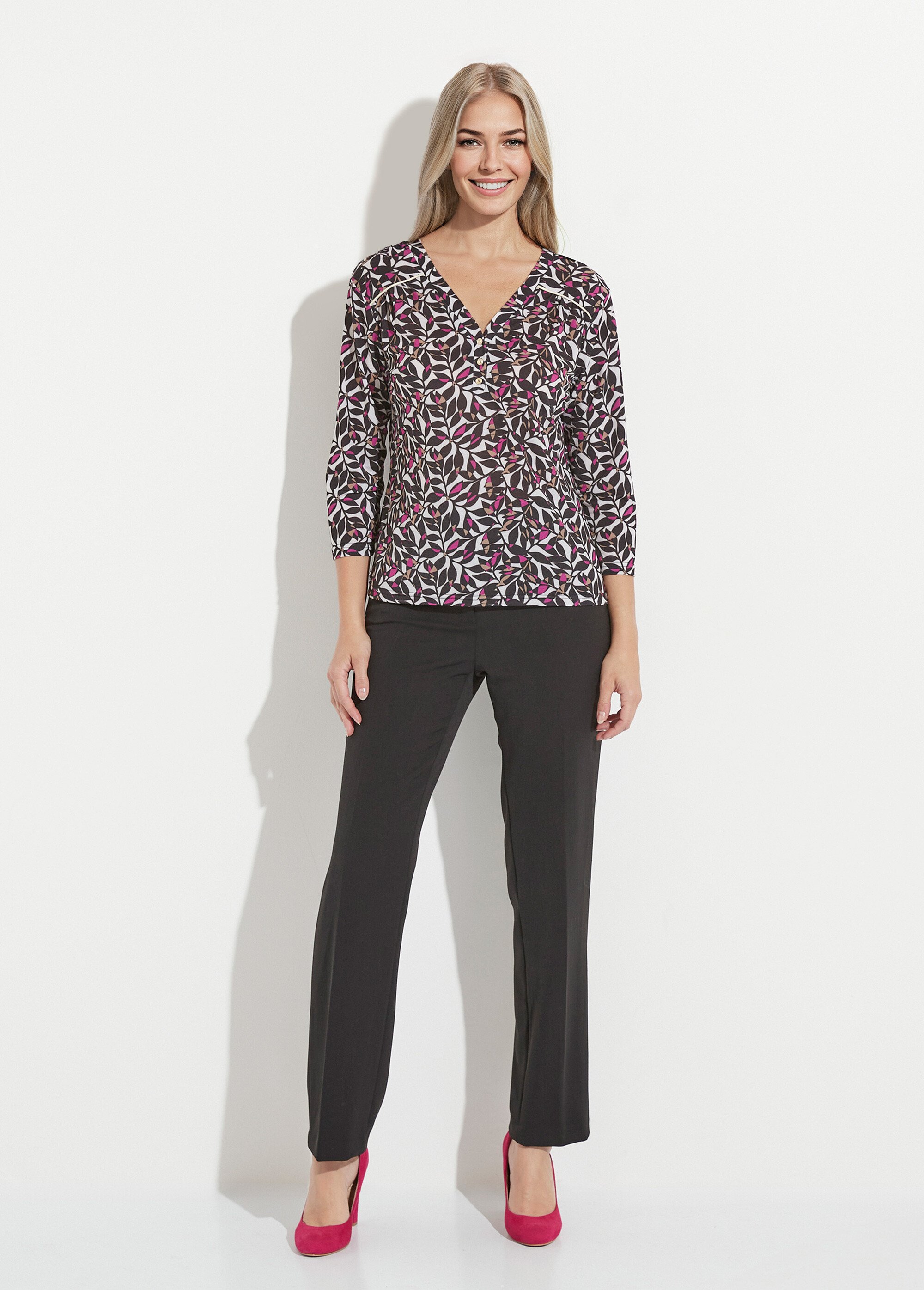 T-shirt court col V manches 3/4 imprimé feuilles Femme ECRU ET ROSE CYGALE SF1