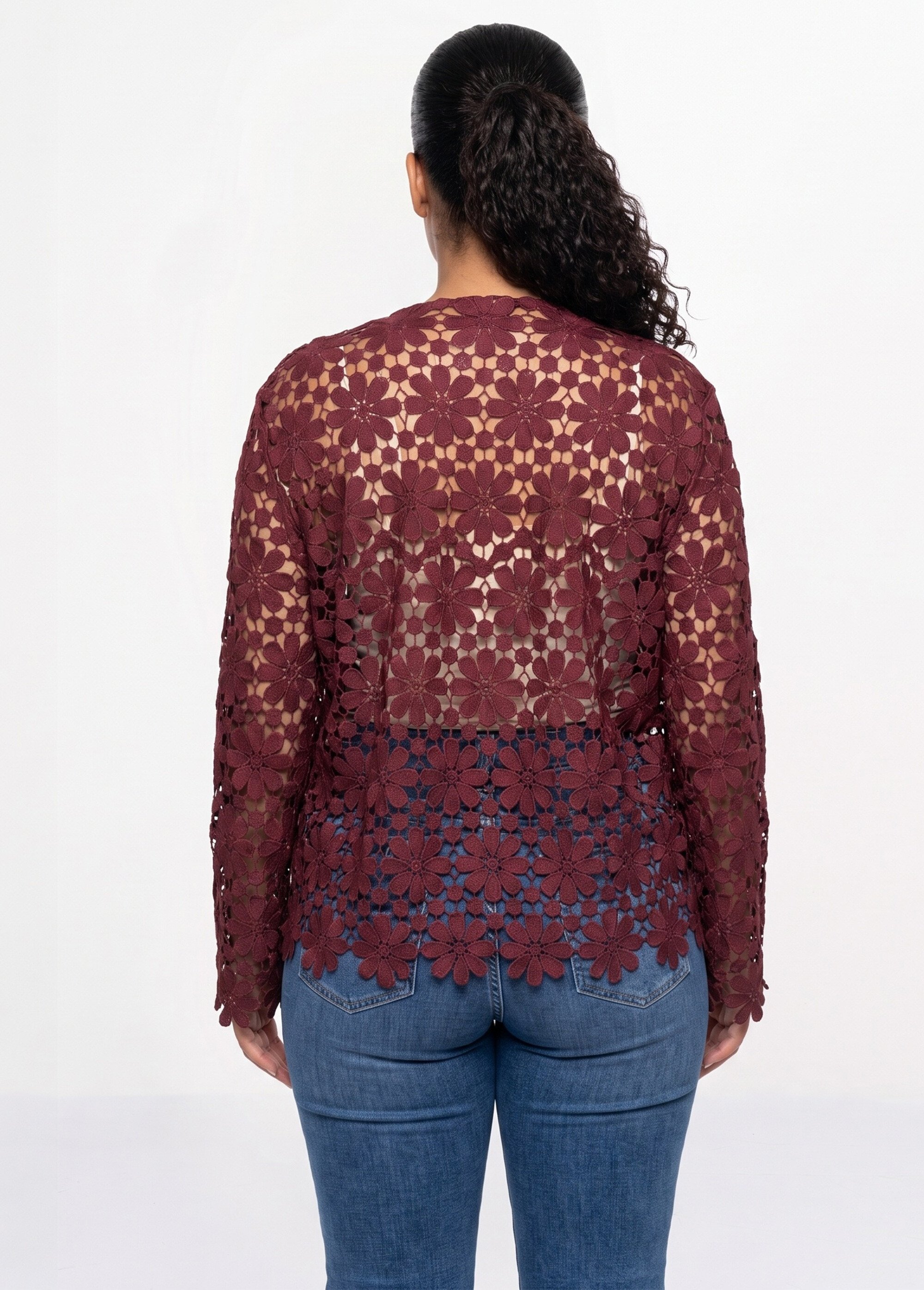 Tunique col rond façon guipure fleurie Femme Grande Taille Rouge MA-L101 DO1