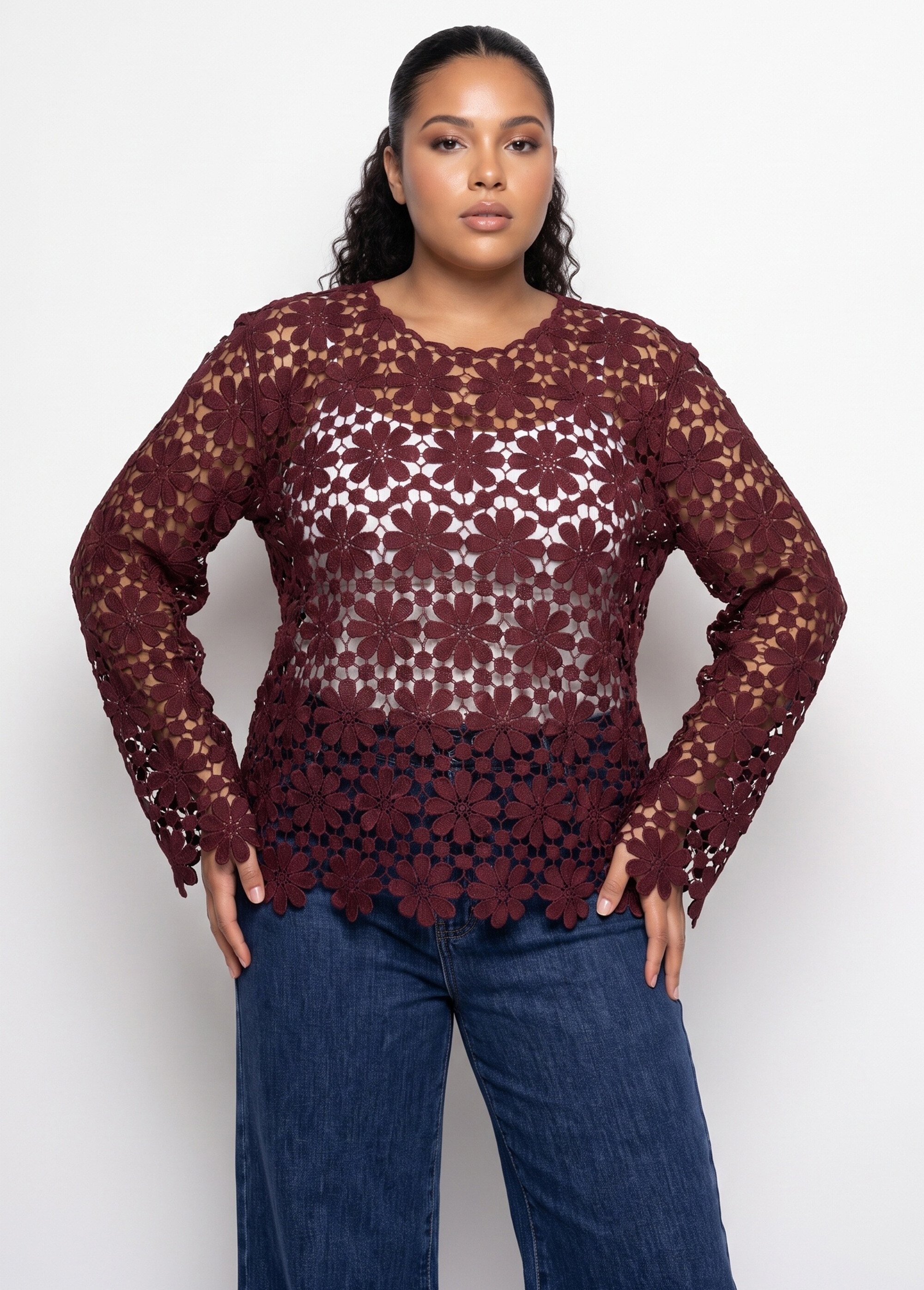 Tunique col rond façon guipure fleurie Femme Grande Taille Rouge MA-L101 FA1
