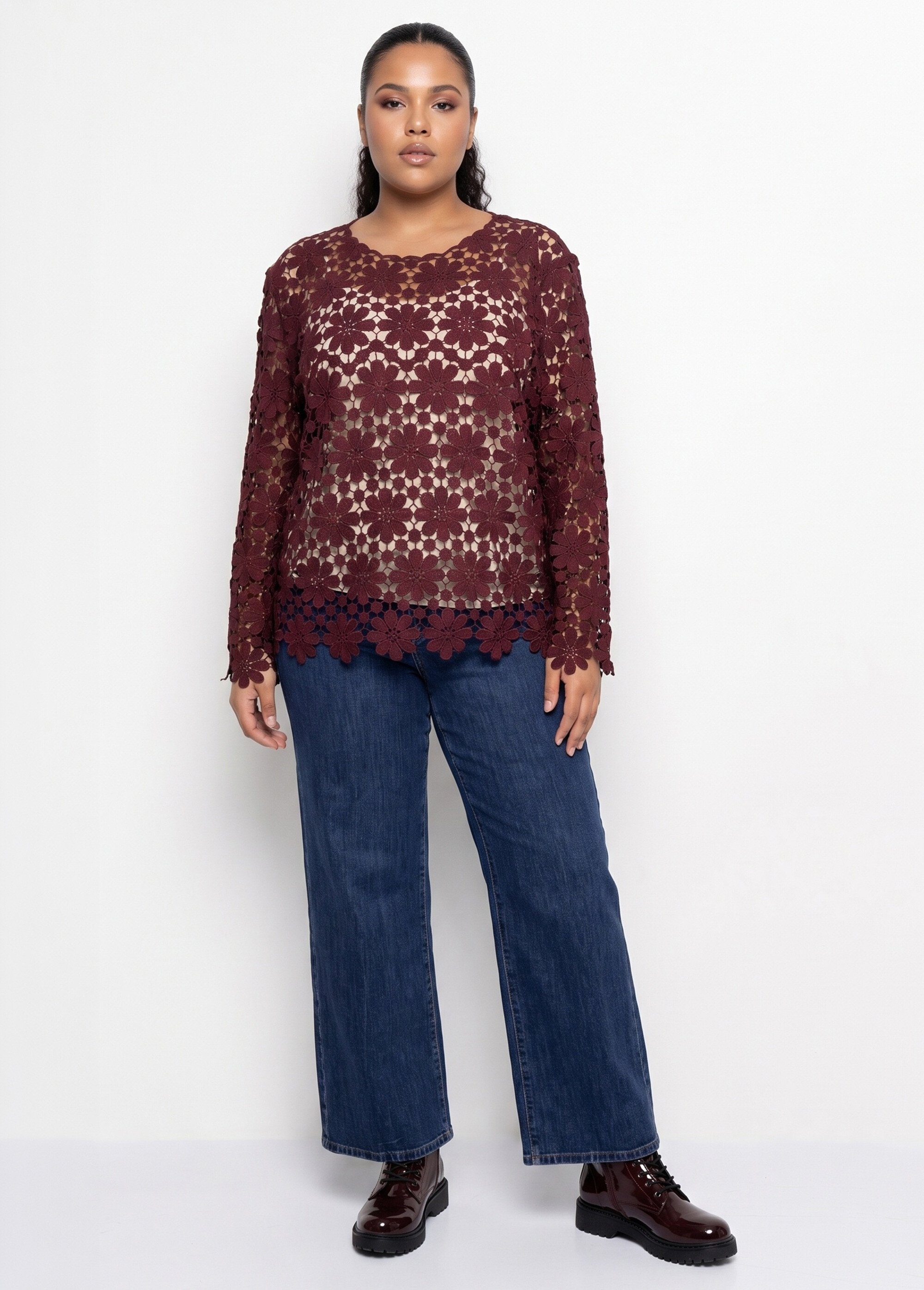 Tunique col rond façon guipure fleurie Femme Grande Taille Rouge MA-L101 SI1