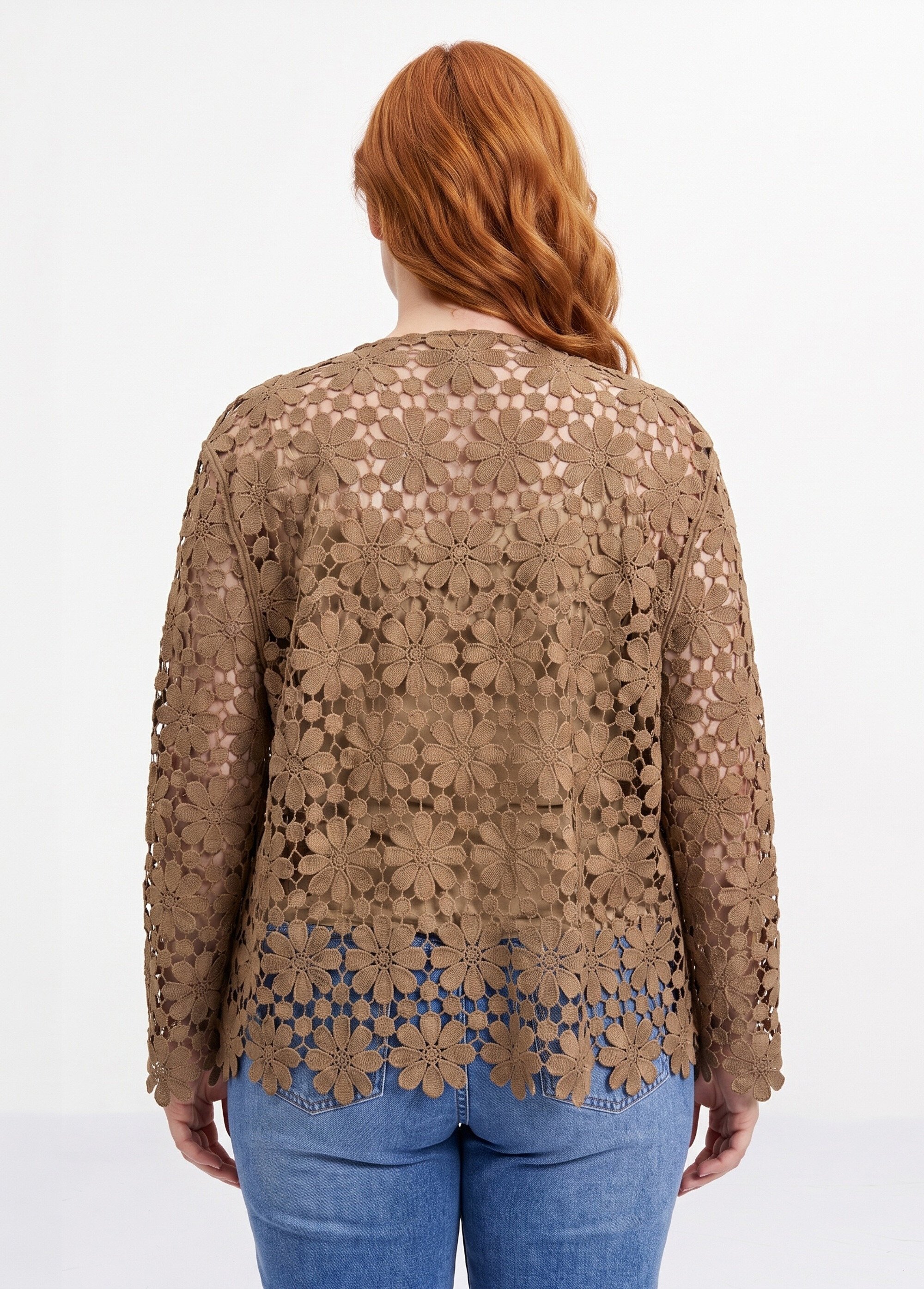 Tunique col rond façon guipure fleurie Femme Grande Taille Marron MA-L101 DO1