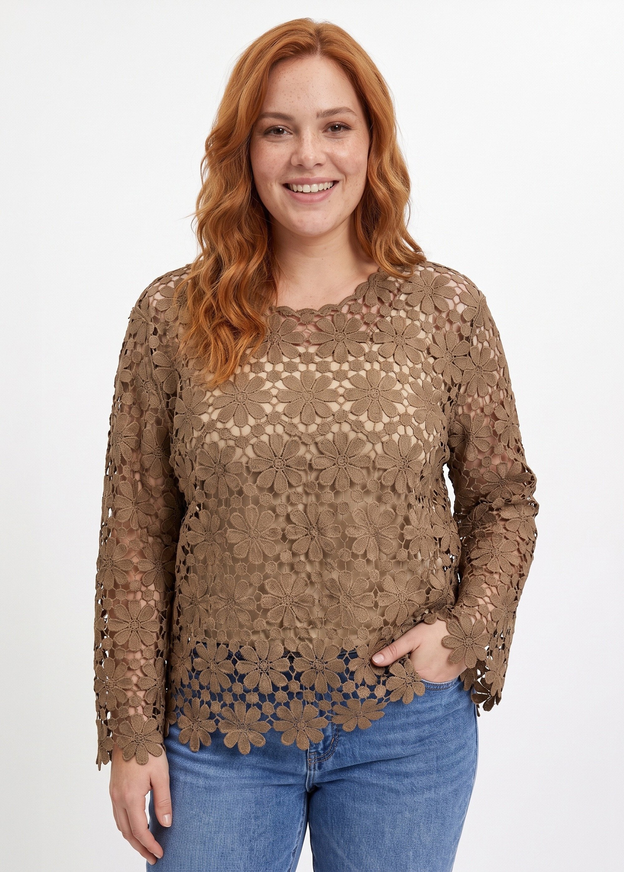 Tunique col rond façon guipure fleurie Femme Grande Taille Marron MA-L101 FA1