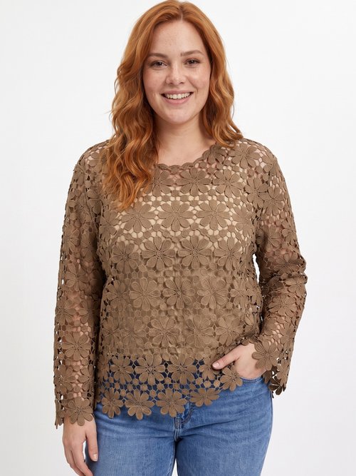 Tunique col rond façon guipure fleurie Femme Grande Taille Marron MA-L101 FA1
