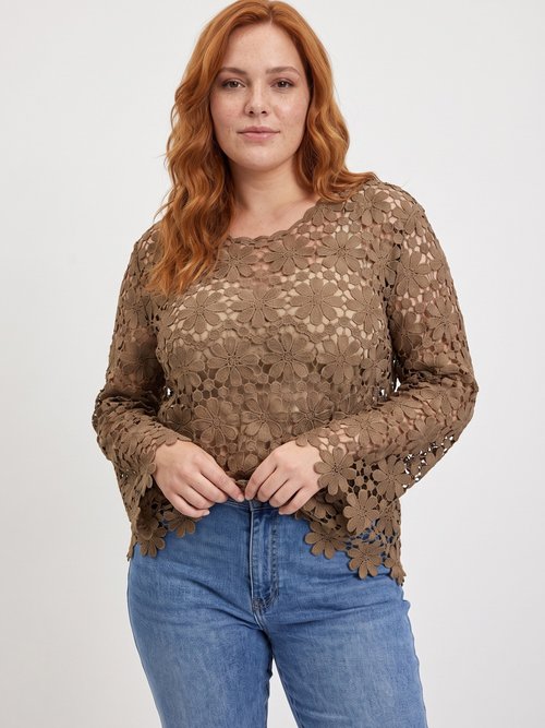 Tunique col rond façon guipure fleurie Femme Grande Taille Marron MA-L101 MV1