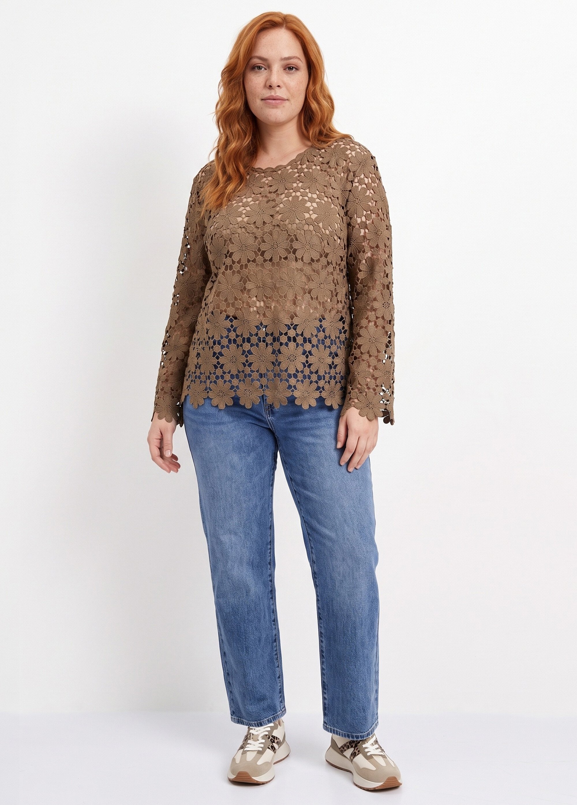Tunique col rond façon guipure fleurie Femme Grande Taille Marron MA-L101 SI1
