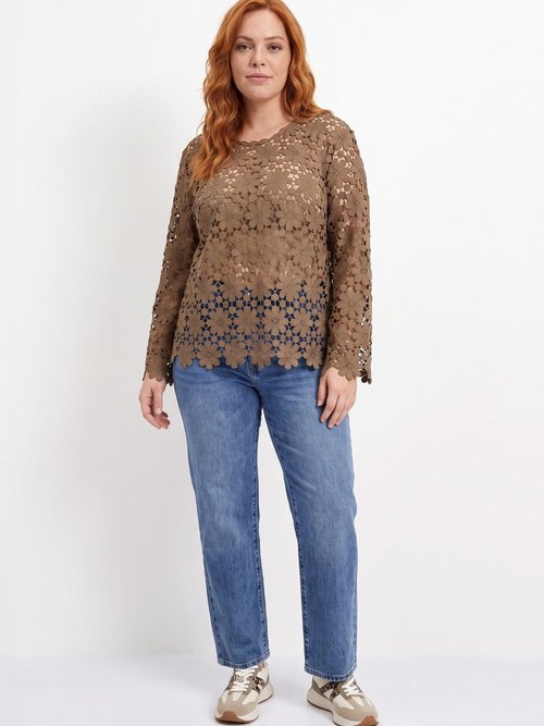 Tunique col rond façon guipure fleurie Femme Grande Taille Marron MA-L101 SI1