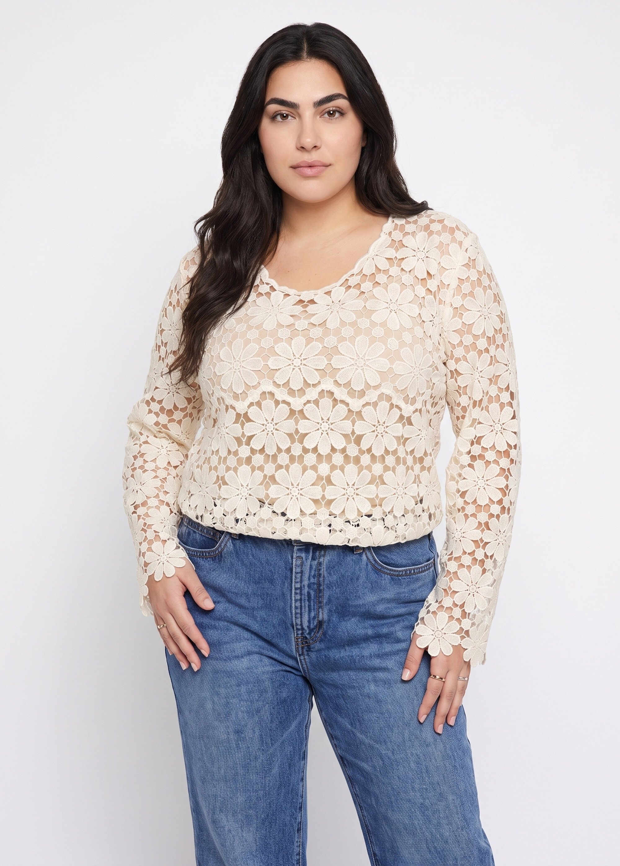 Tunique col rond façon guipure fleurie Femme Grande Taille Beige MA-L101 FA1