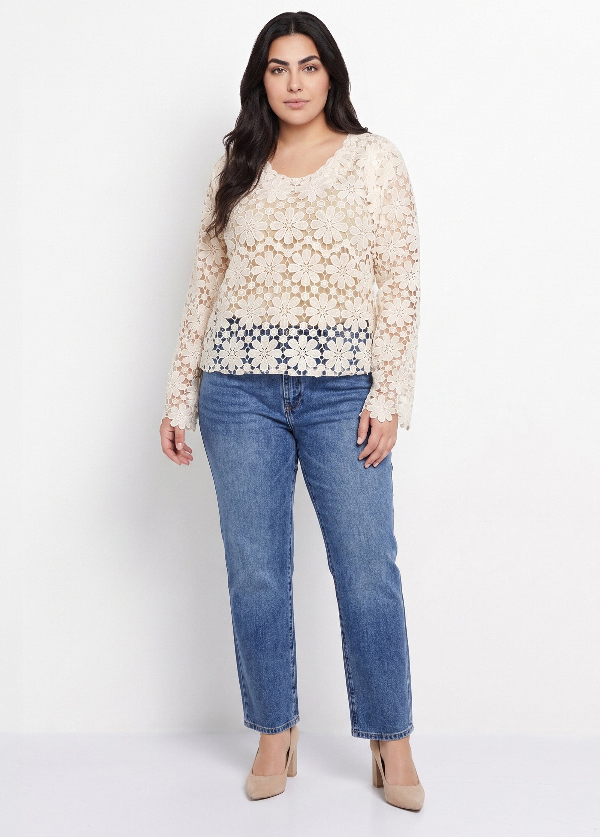 Tunique col rond façon guipure fleurie Femme Grande Taille Beige MA-L101 SI1