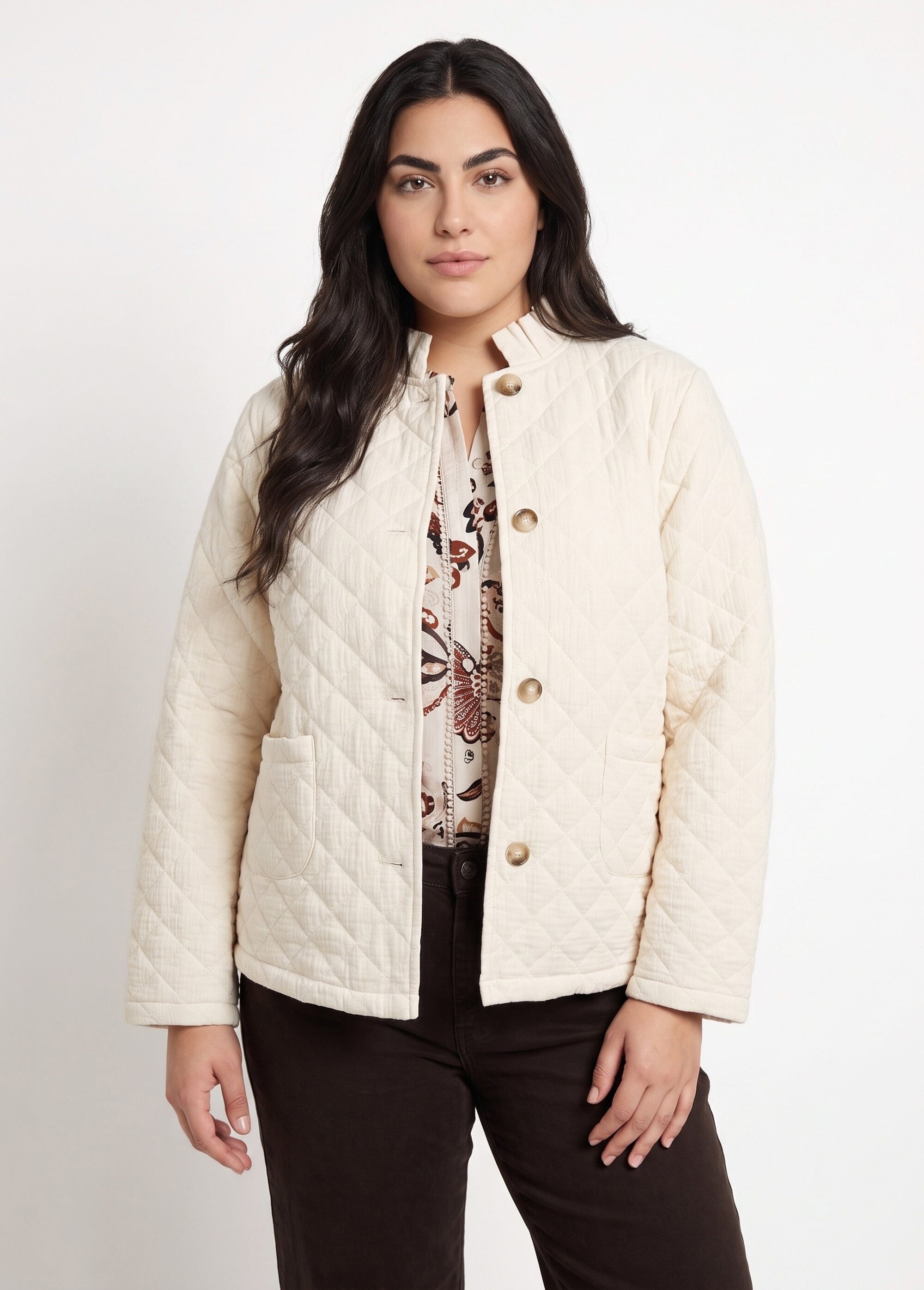 Veste gaze coton matelassée, col plissé Femme Grande Taille Beige MA-M1781-2967 FA1