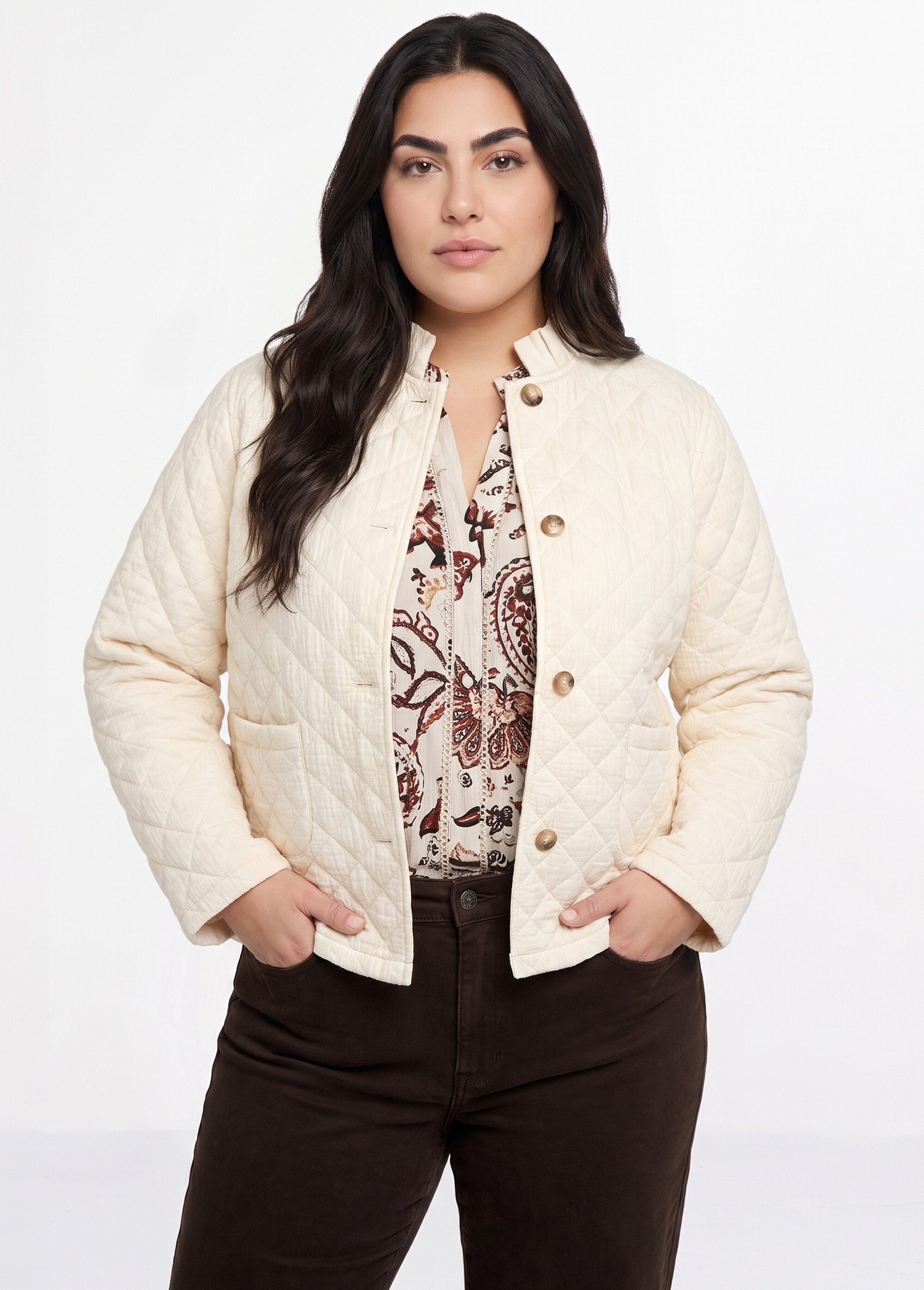 Veste gaze coton matelassée, col plissé Femme Grande Taille Beige MA-M1781-2967 MV1