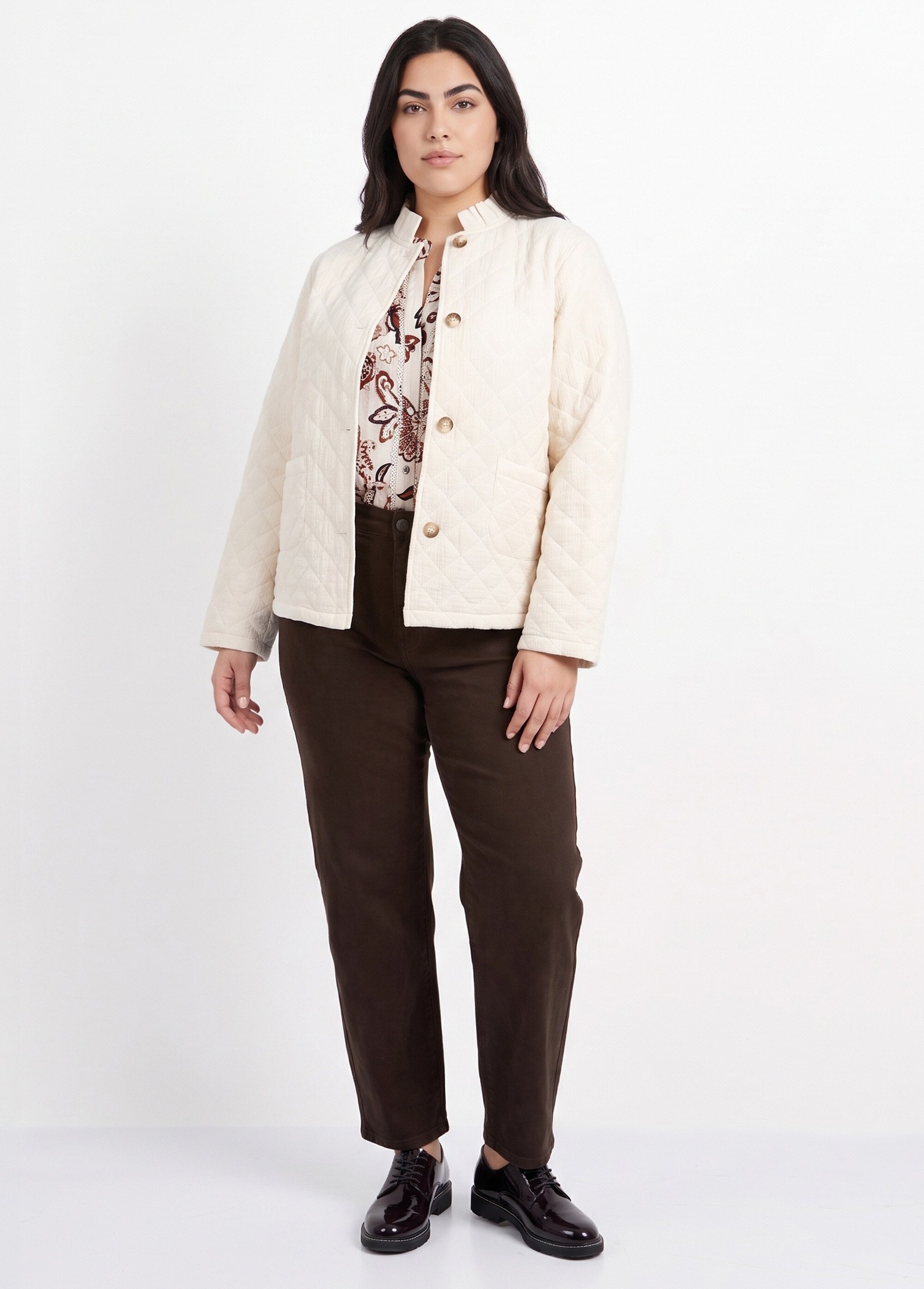 Veste gaze coton matelassée, col plissé Femme Grande Taille Beige MA-M1781-2967 SI1