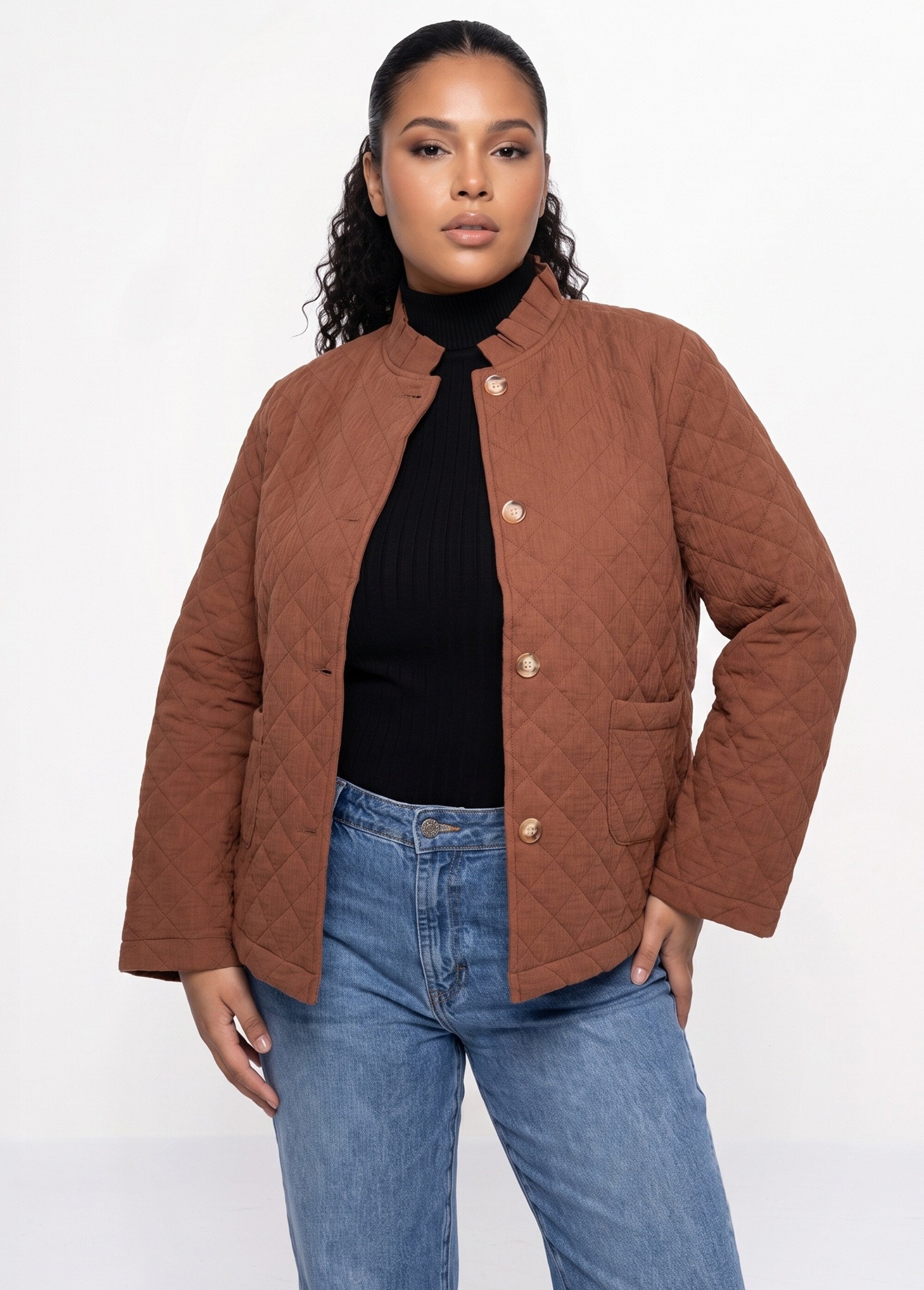 Veste gaze coton matelassée, col plissé Femme Grande Taille Marron MA-M1781-2967 FA1