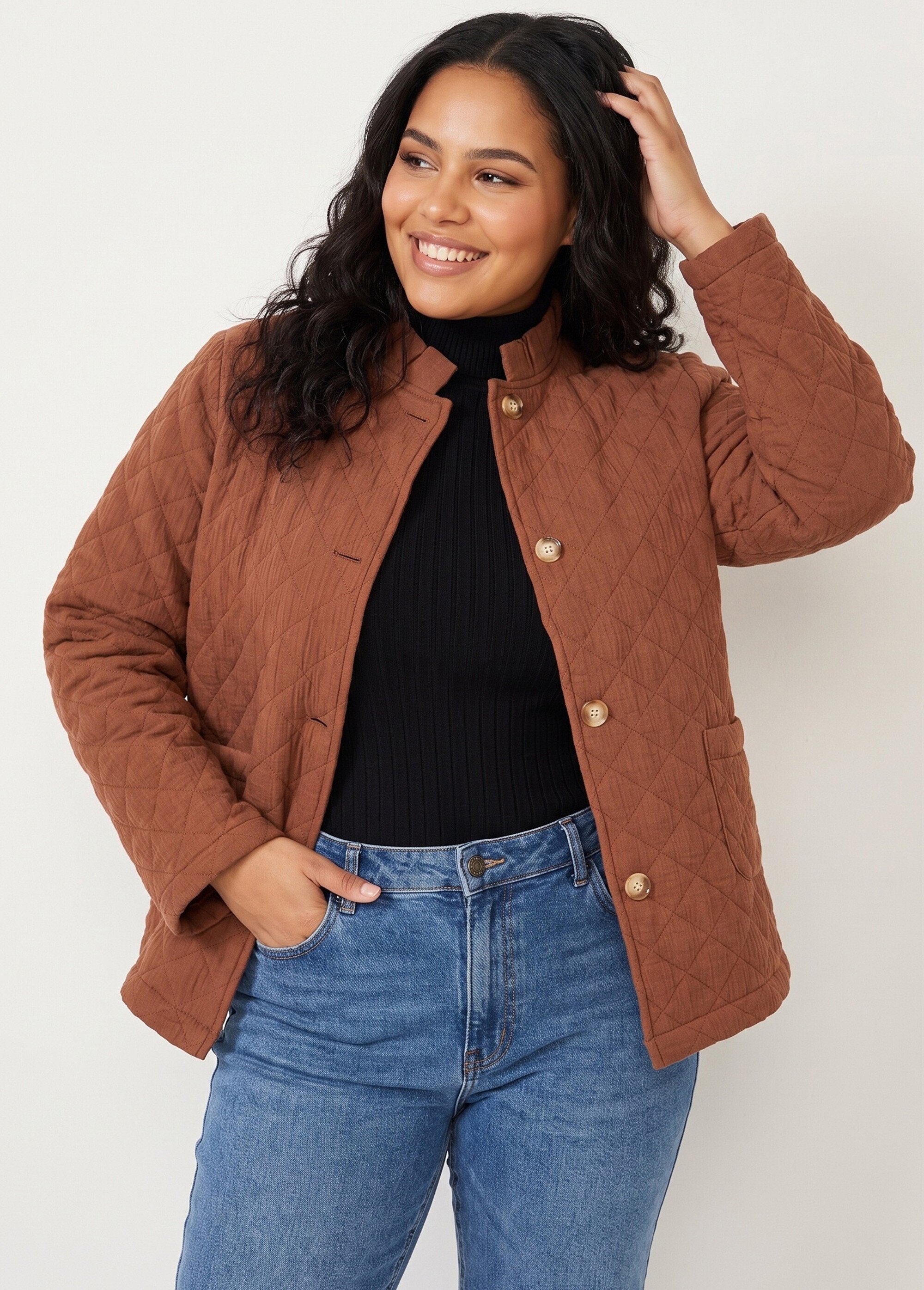 Veste gaze coton matelassée, col plissé Femme Grande Taille Marron MA-M1781-2967 MV1