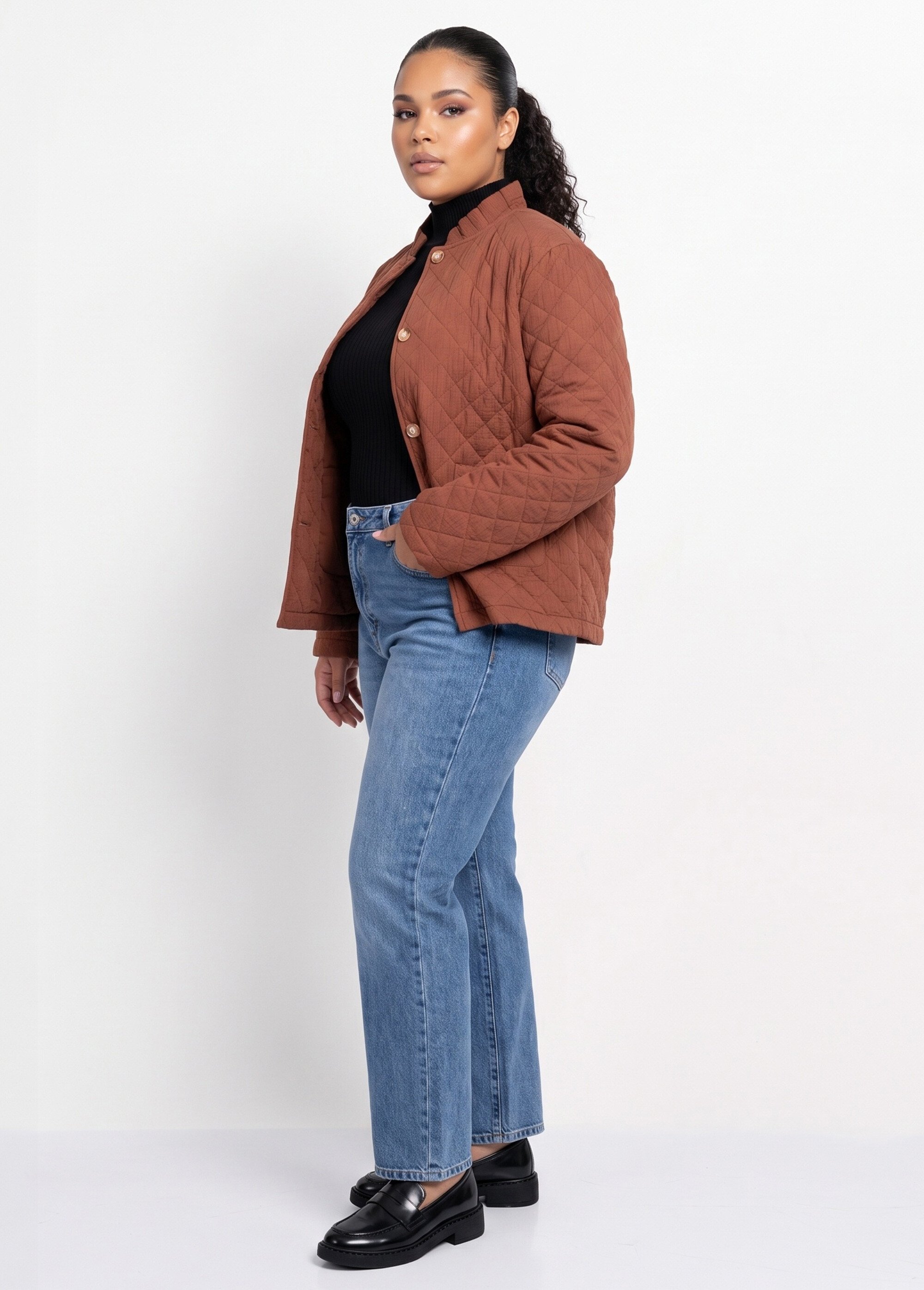 Veste gaze coton matelassée, col plissé Femme Grande Taille Marron MA-M1781-2967 SI1