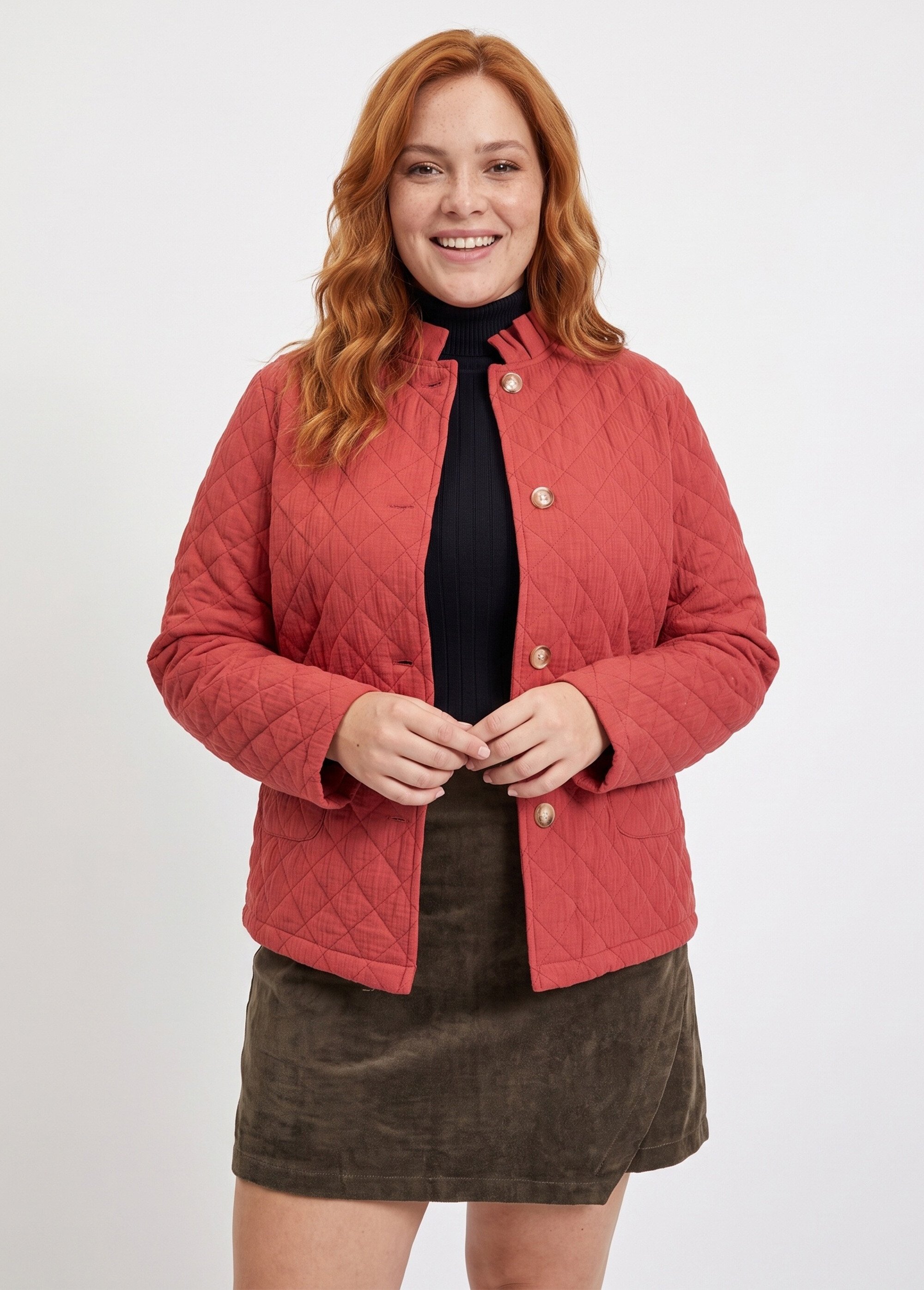 Veste gaze coton matelassée, col plissé Femme Grande Taille Orange MA-M1781-2967 FA1