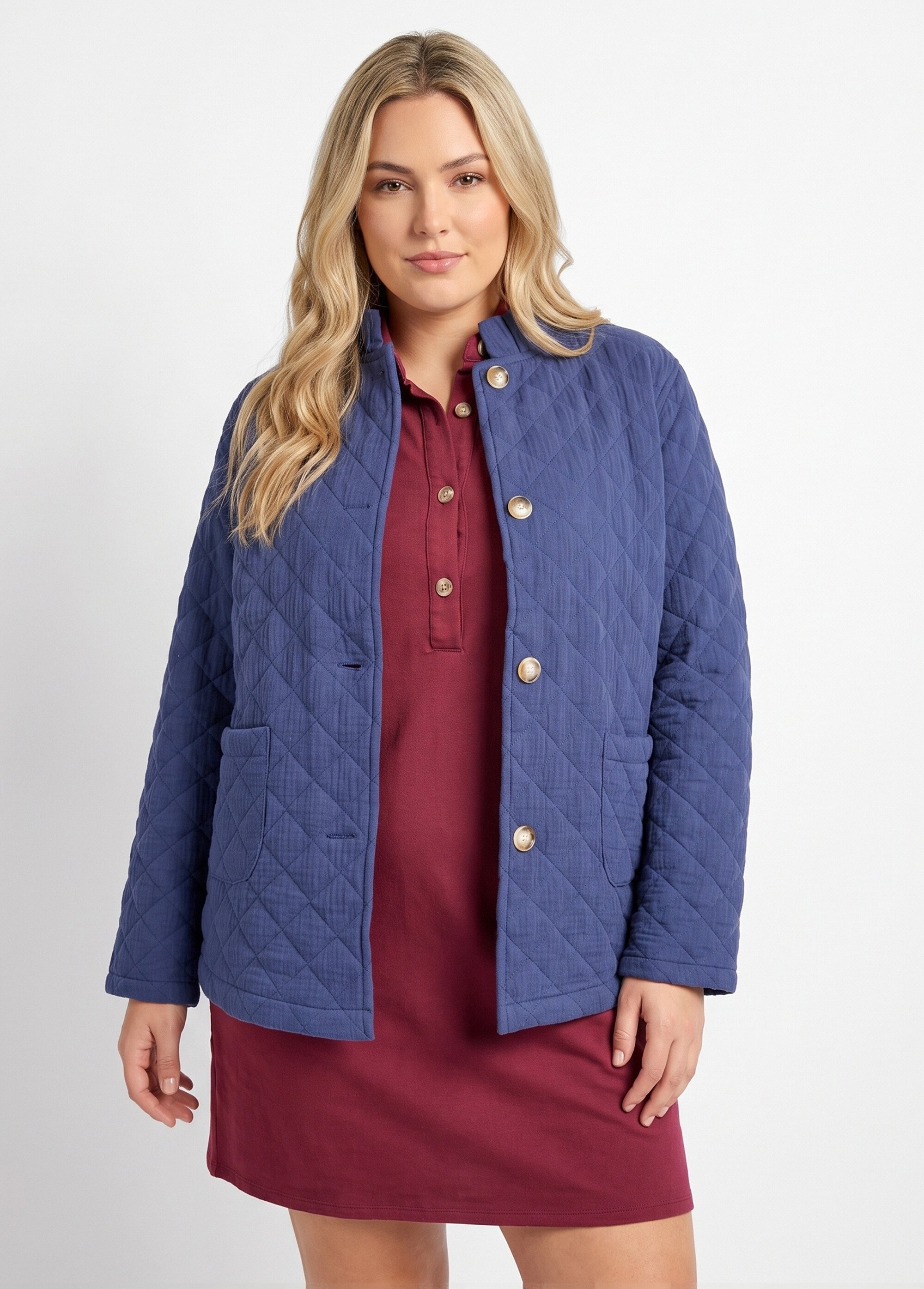 Veste gaze coton matelassée, col plissé Femme Grande Taille Bleu MA-M1781-2967 FA1