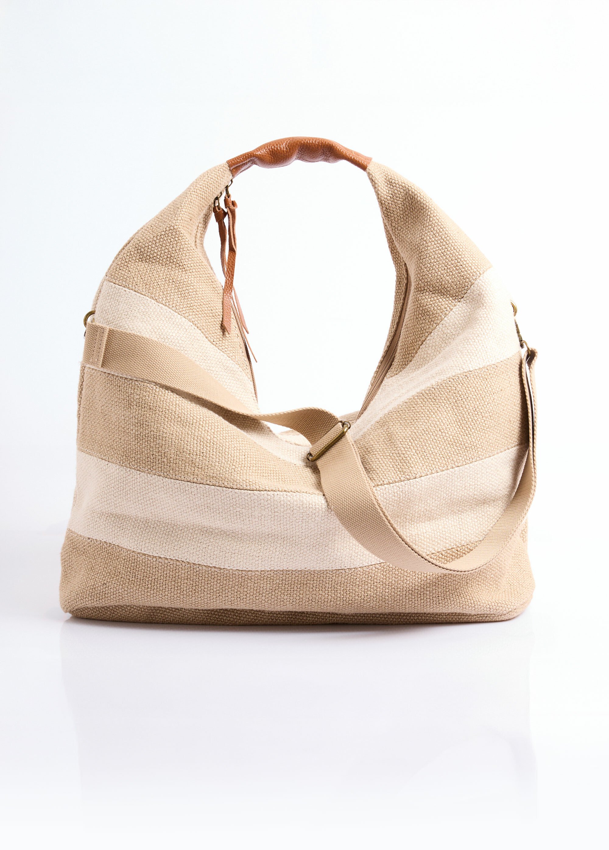 Grand sac cabas rayé jute + détails cuir Femme Beige DOD1093S26001 DE1