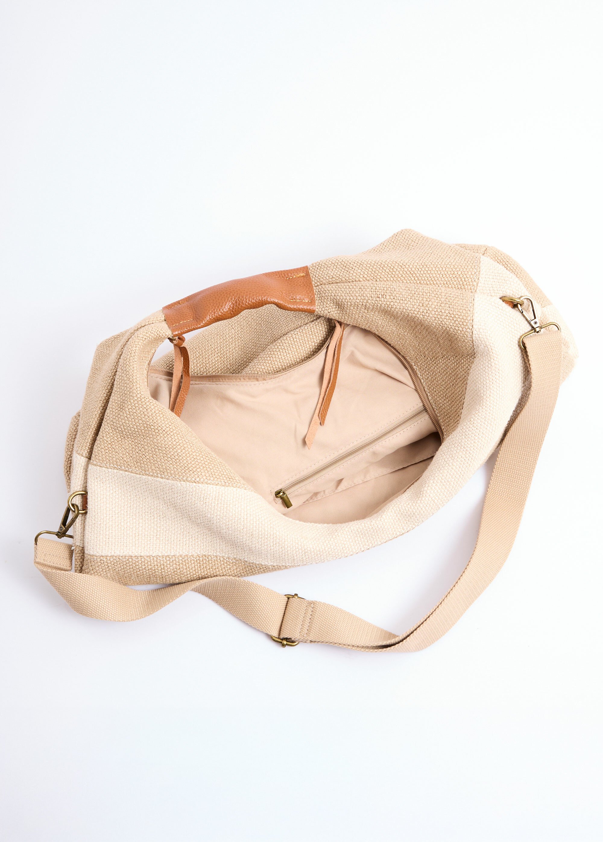 Grand sac cabas rayé jute + détails cuir Femme Beige DOD1093S26001 DE2