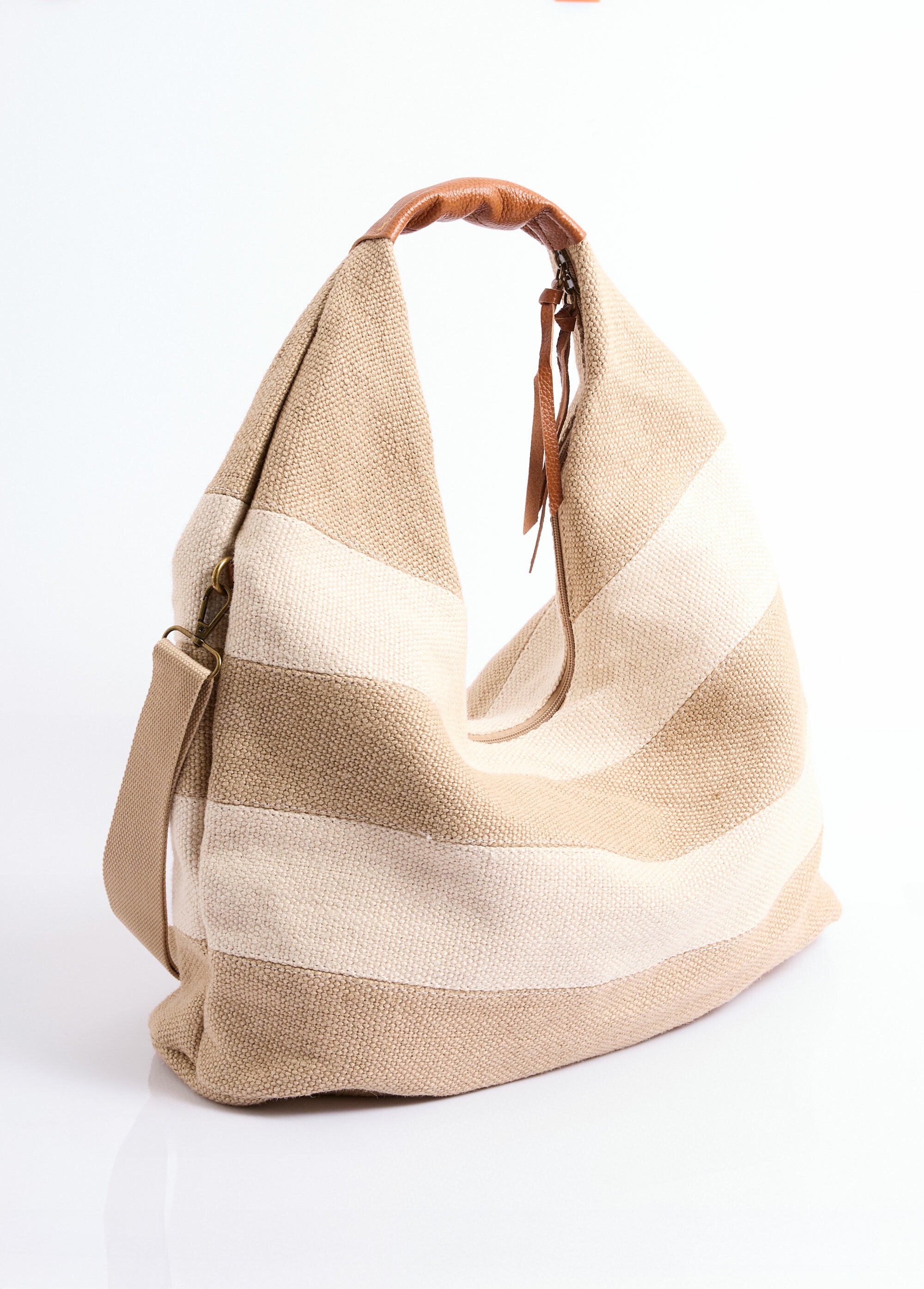 Grand sac cabas rayé jute + détails cuir Femme Beige DOD1093S26001 FA1