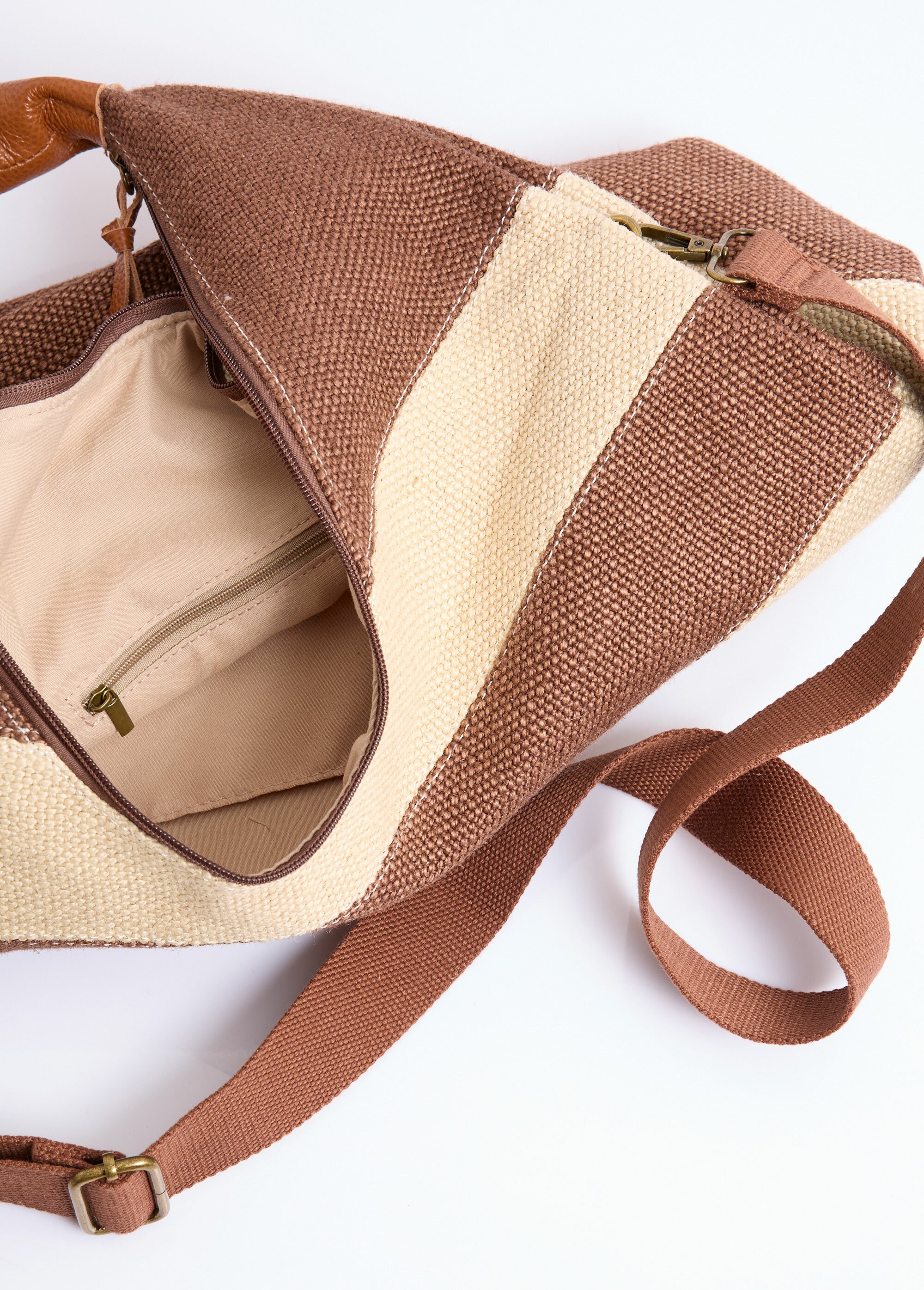 Grand sac cabas rayé jute + détails cuir Femme Marron DOD1093S26001 DE2