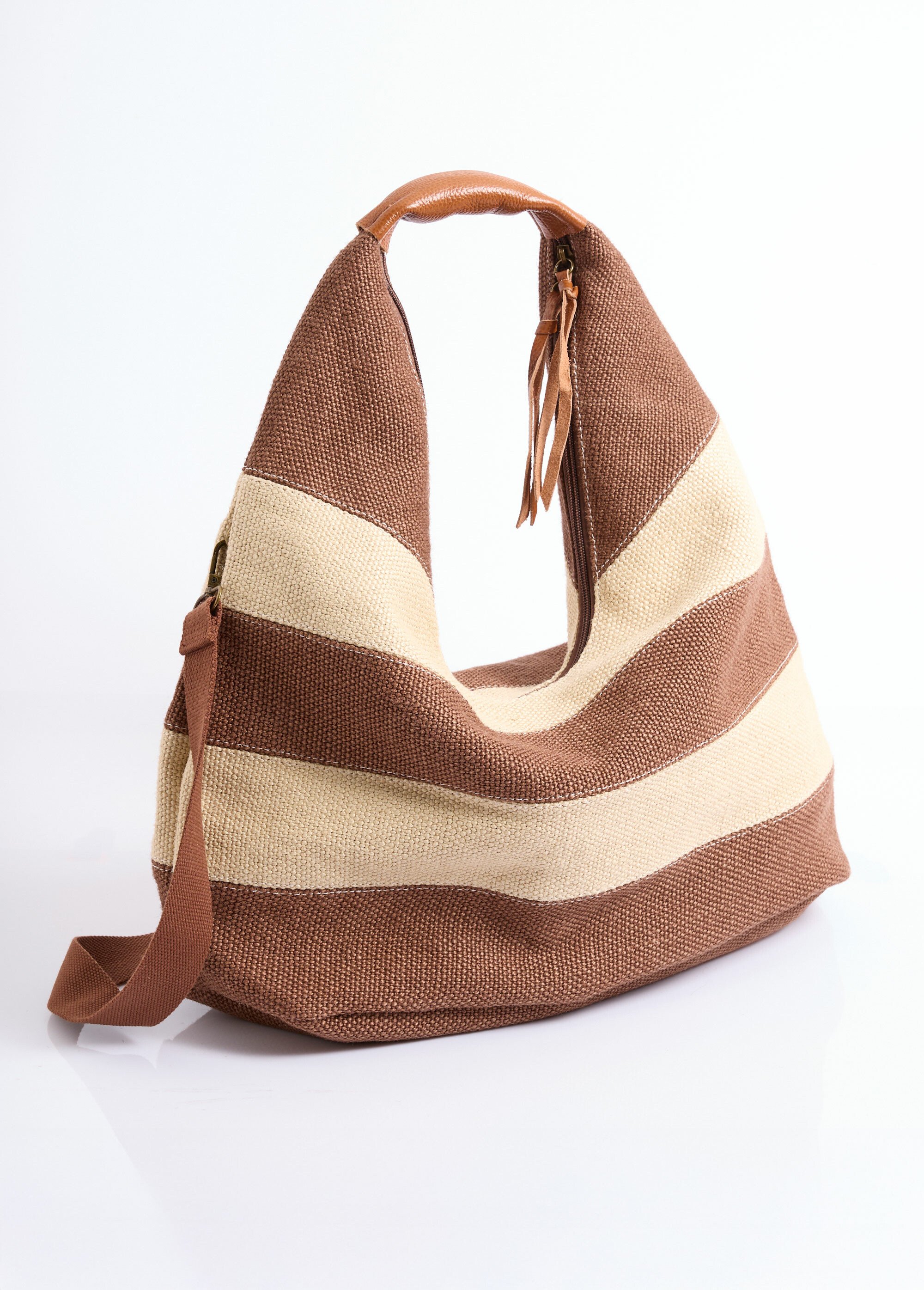 Grand sac cabas rayé jute + détails cuir