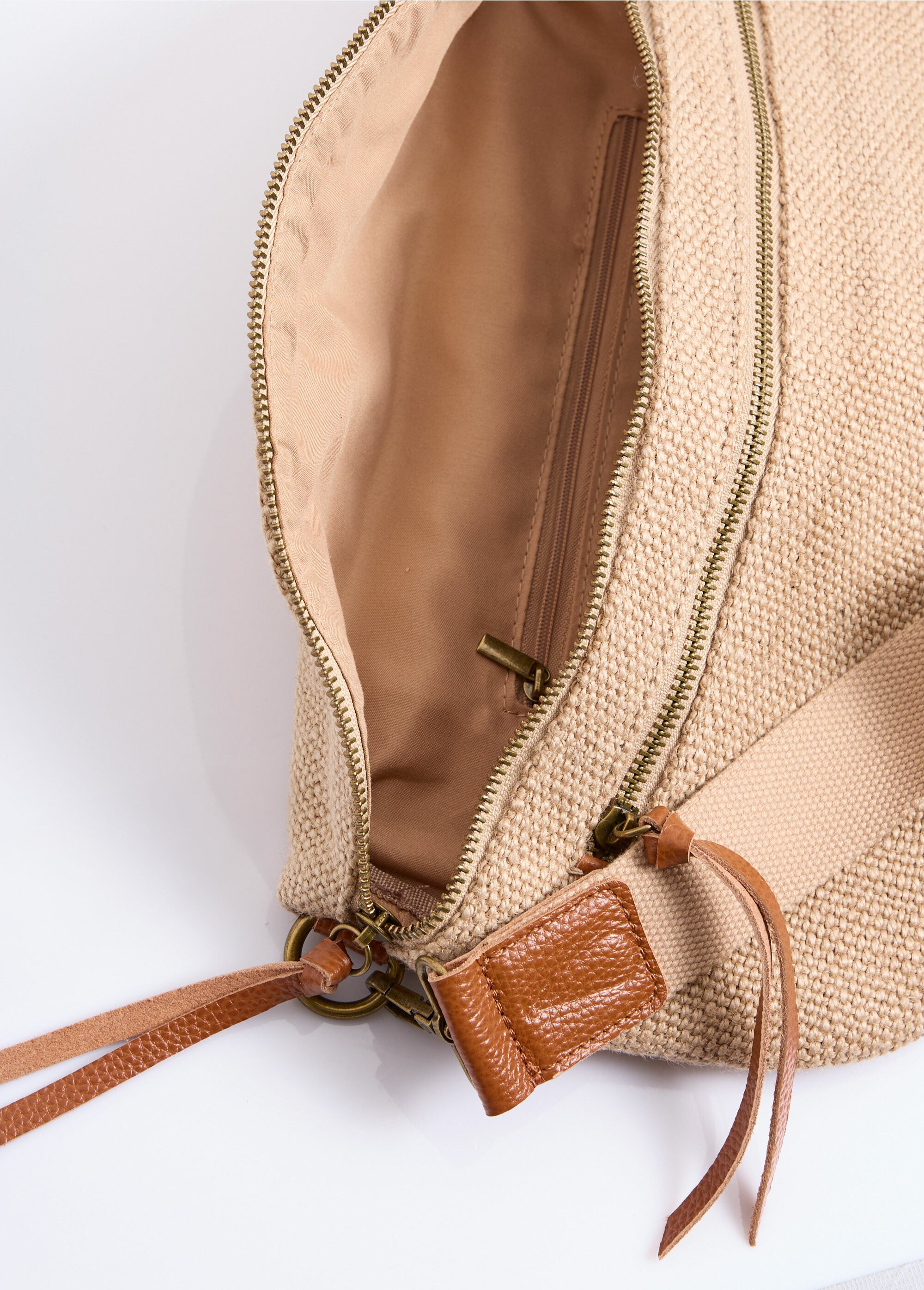 Grand sac banane en jute + détails cuir Femme Beige DOD1093S26016 DE2