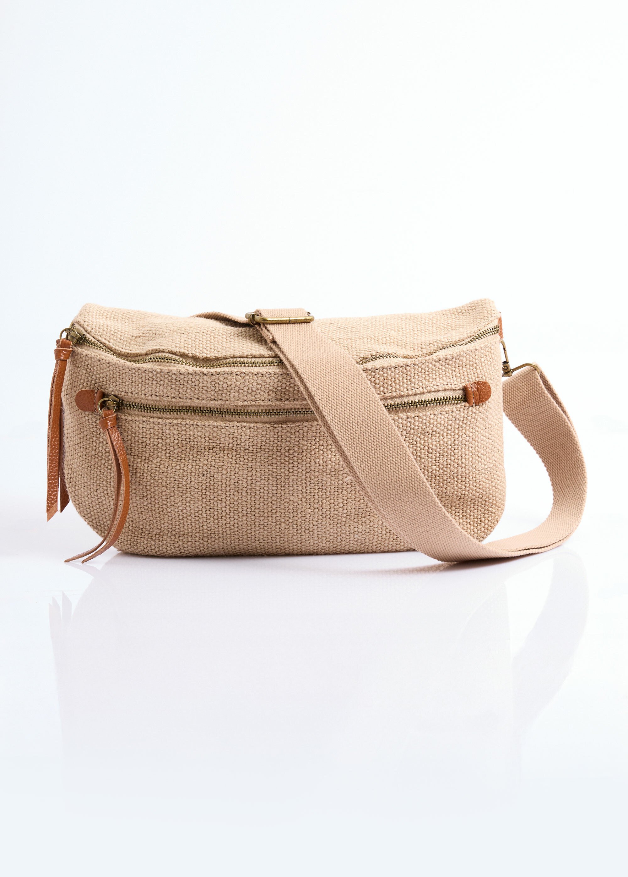 Grand sac banane en jute + détails cuir