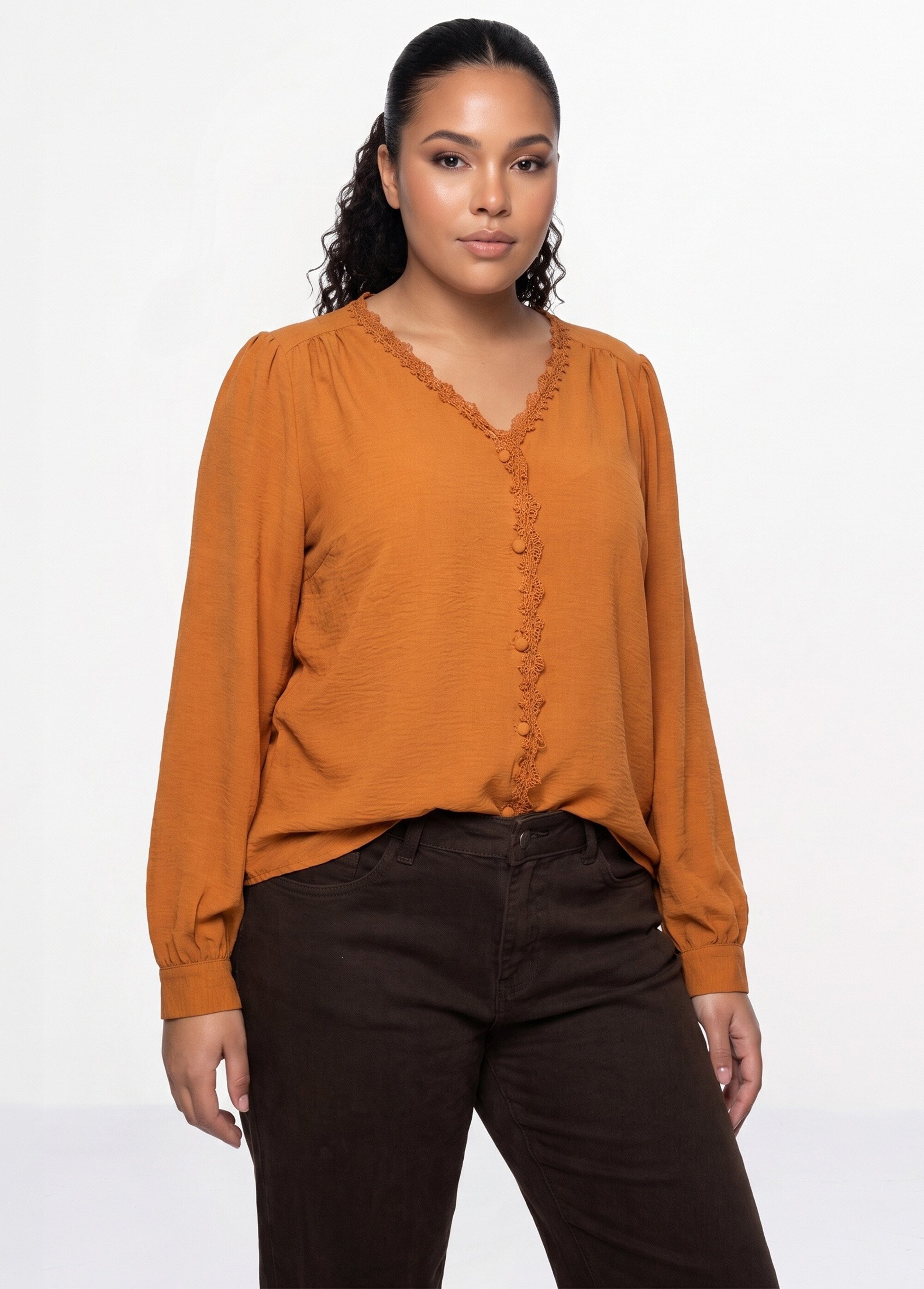 Blouse détails plissés et en macramé Femme Grande Taille Marron MA-M258-123 FA1