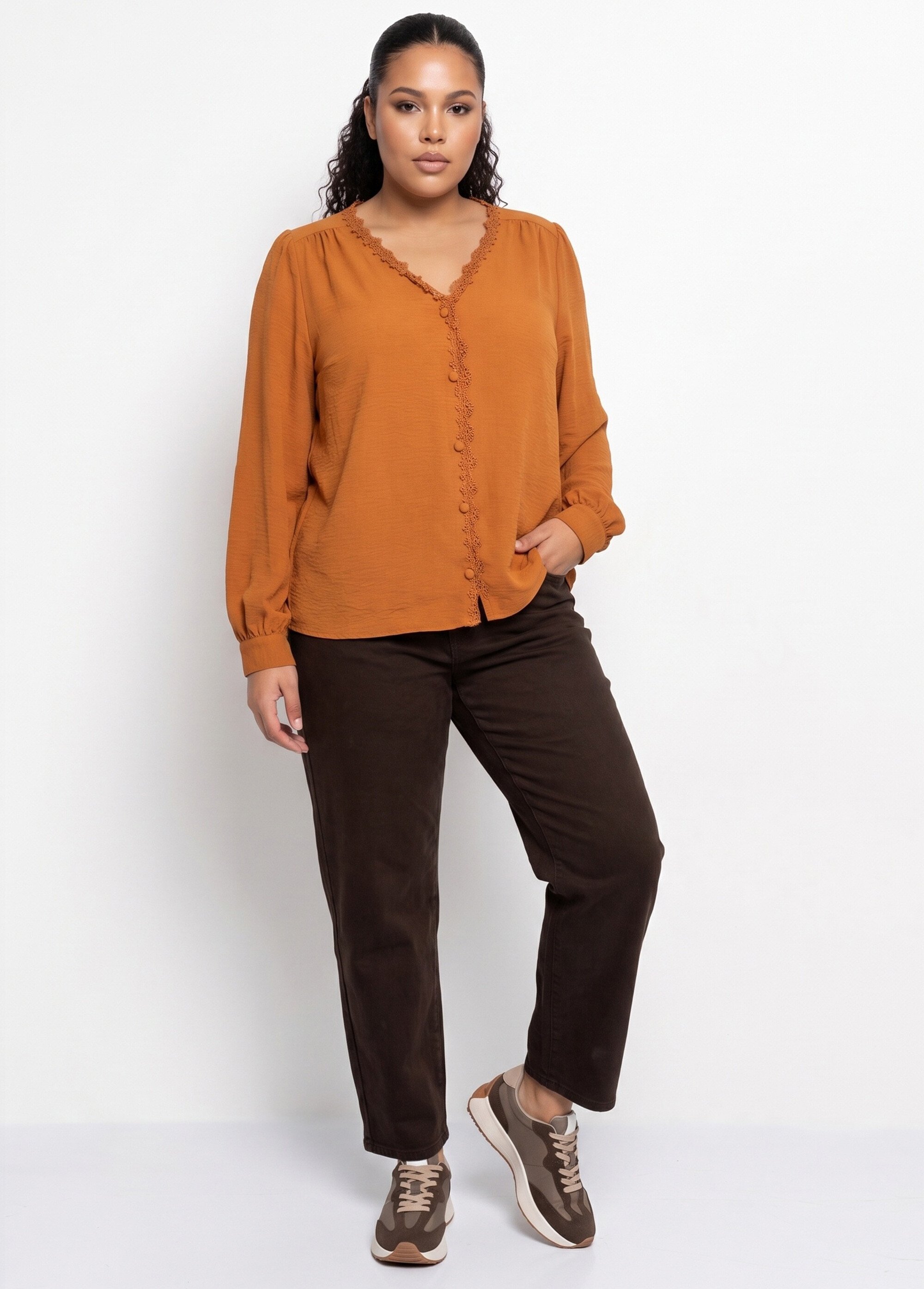 Blouse détails plissés et en macramé Femme Grande Taille Marron MA-M258-123 SI1