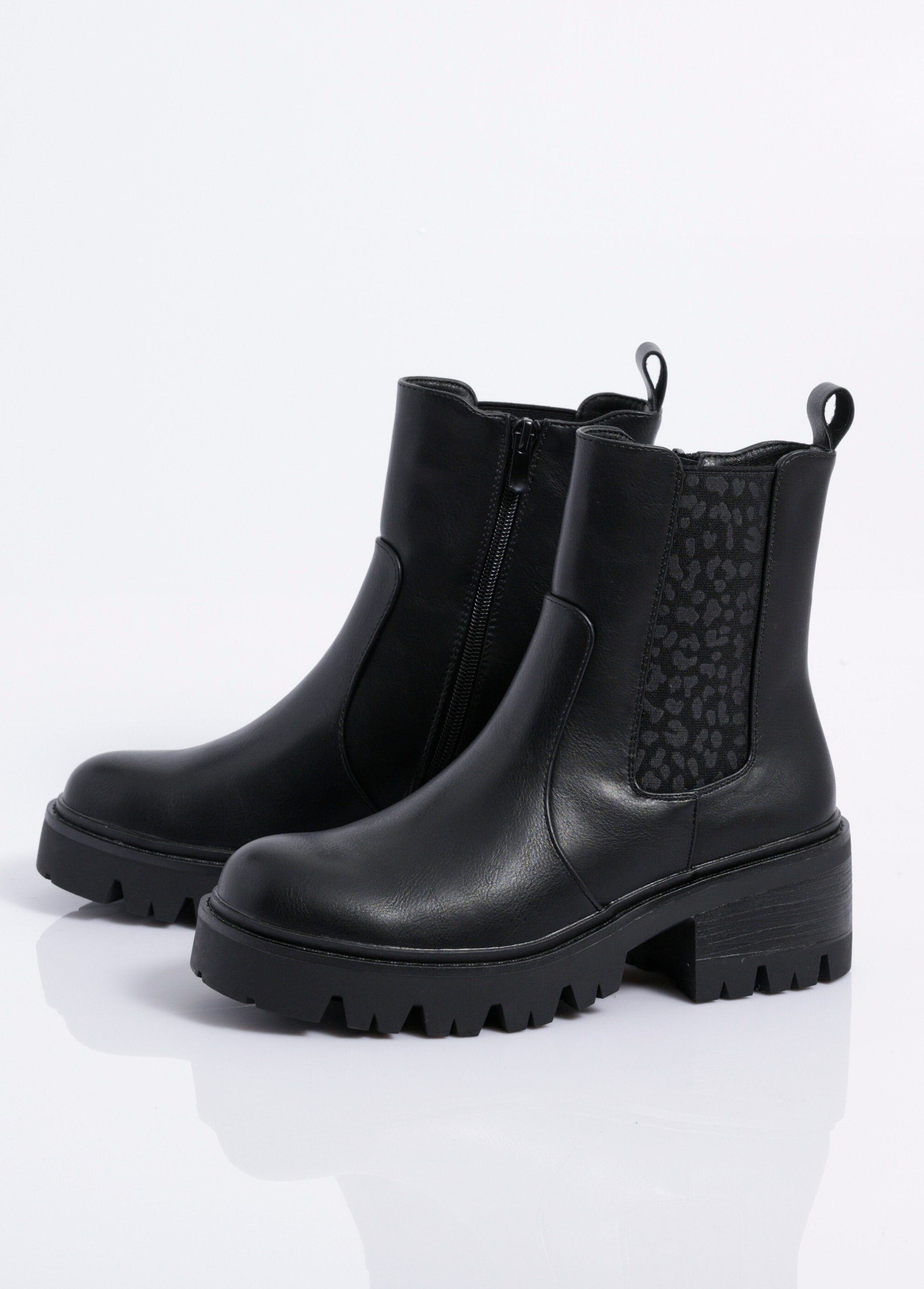 Boots style creepers avec détail léopard Femme Noir COVY2275 DE1