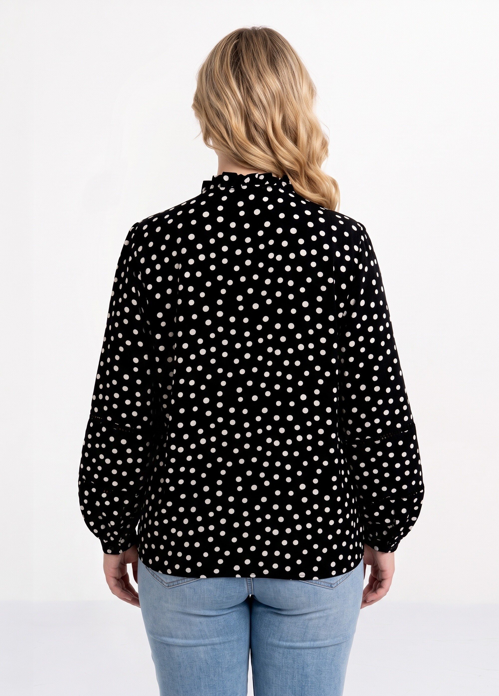 Chemisier à pois col montant plissé Femme Grande Taille Noir MA-M372-1856 DO1