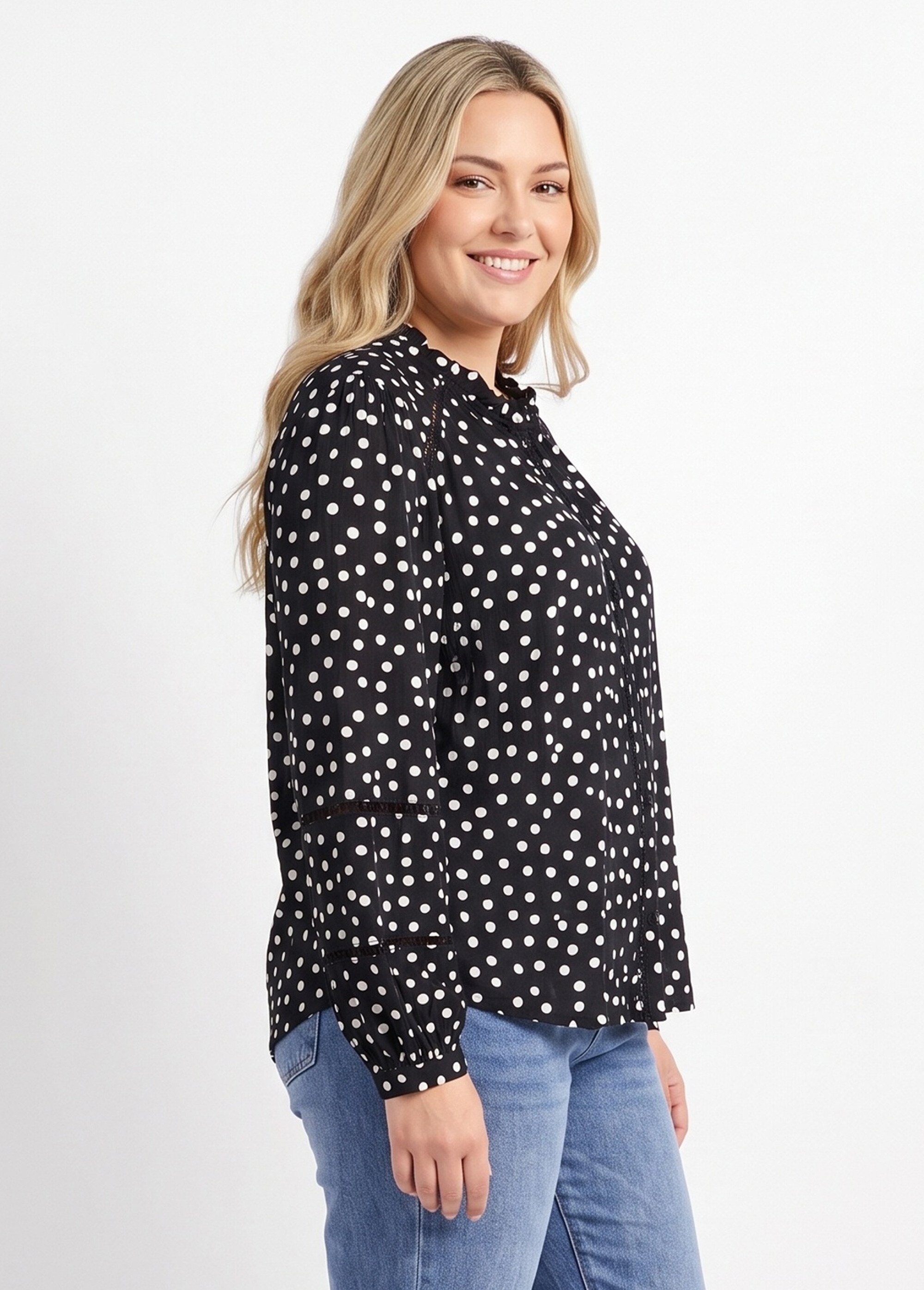 Chemisier à pois col montant plissé Femme Grande Taille Noir MA-M372-1856 DR1