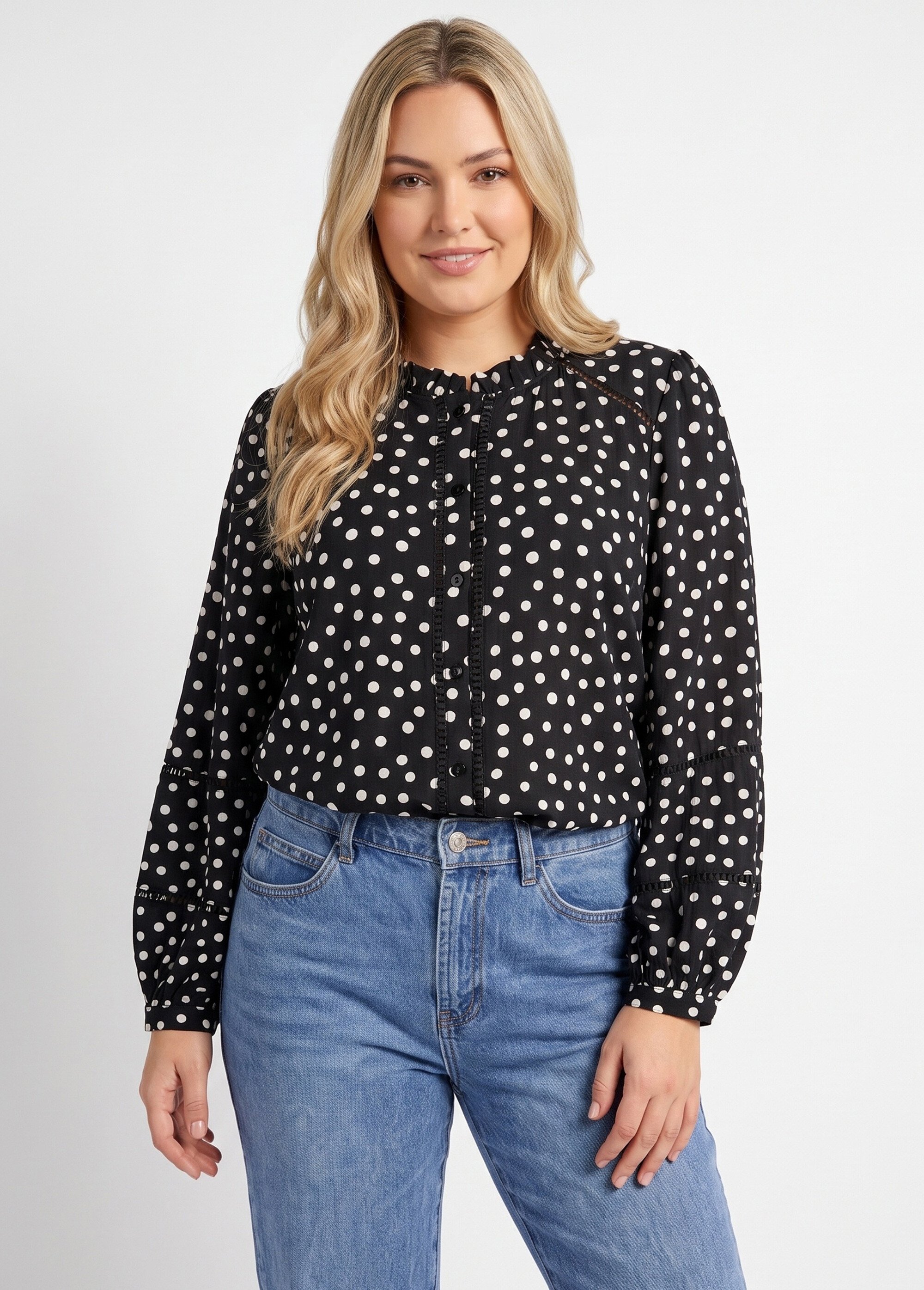 Chemisier à pois col montant plissé Femme Grande Taille Noir MA-M372-1856 FA1