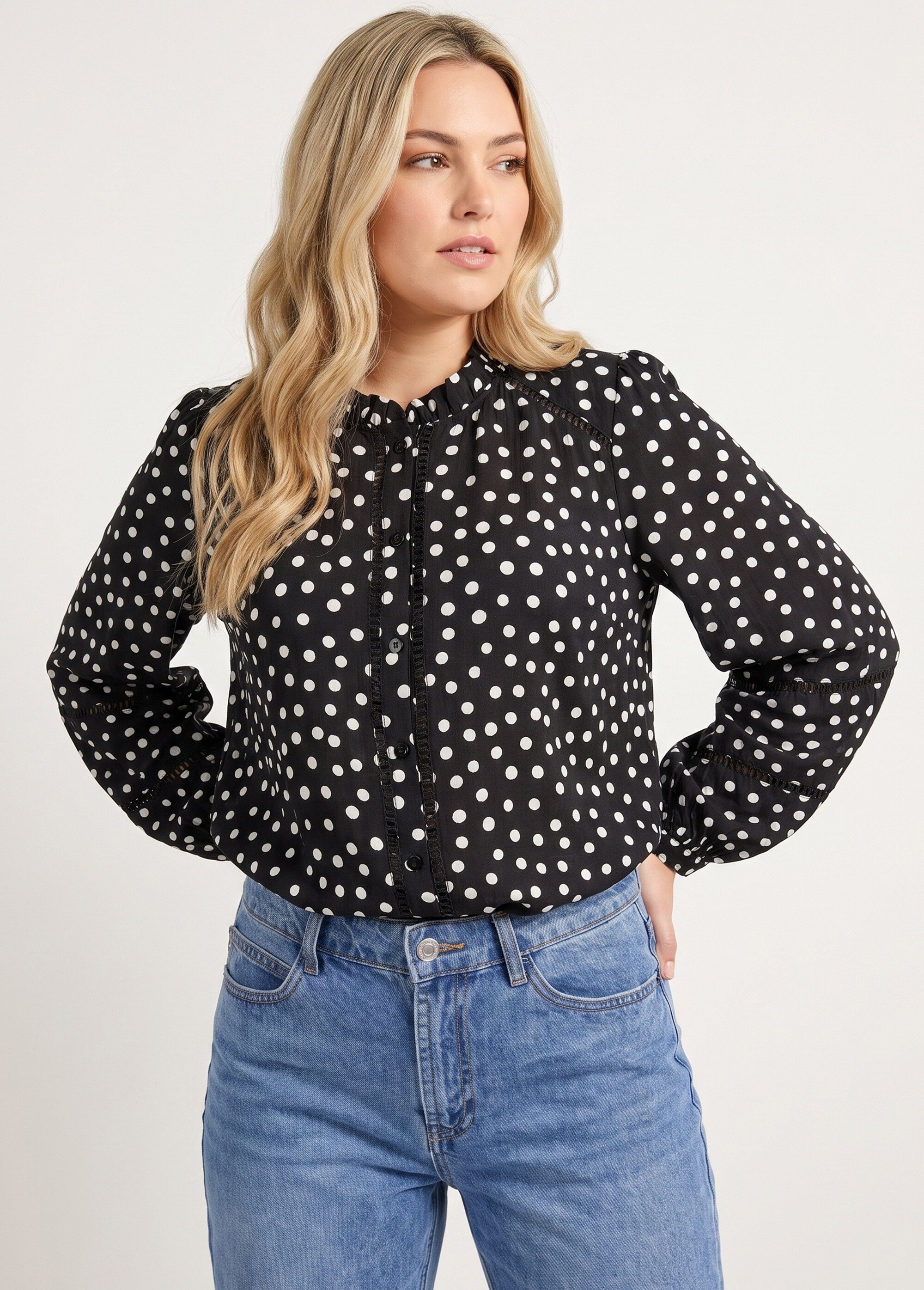 Chemisier à pois col montant plissé Femme Grande Taille Noir MA-M372-1856 MV1