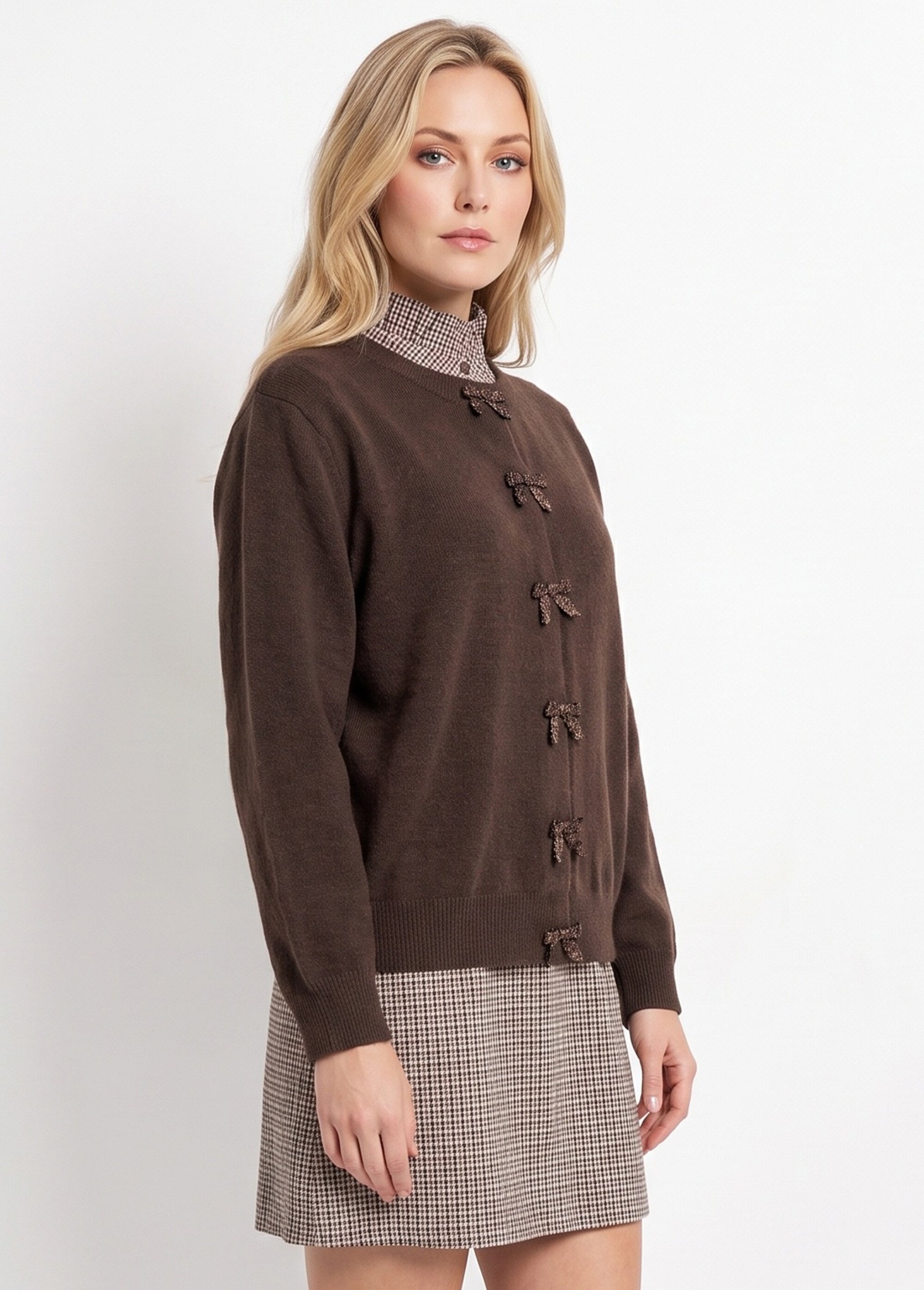 Gilet avec détails nœud perles de rocaille Femme Marron MA-603109 DR1