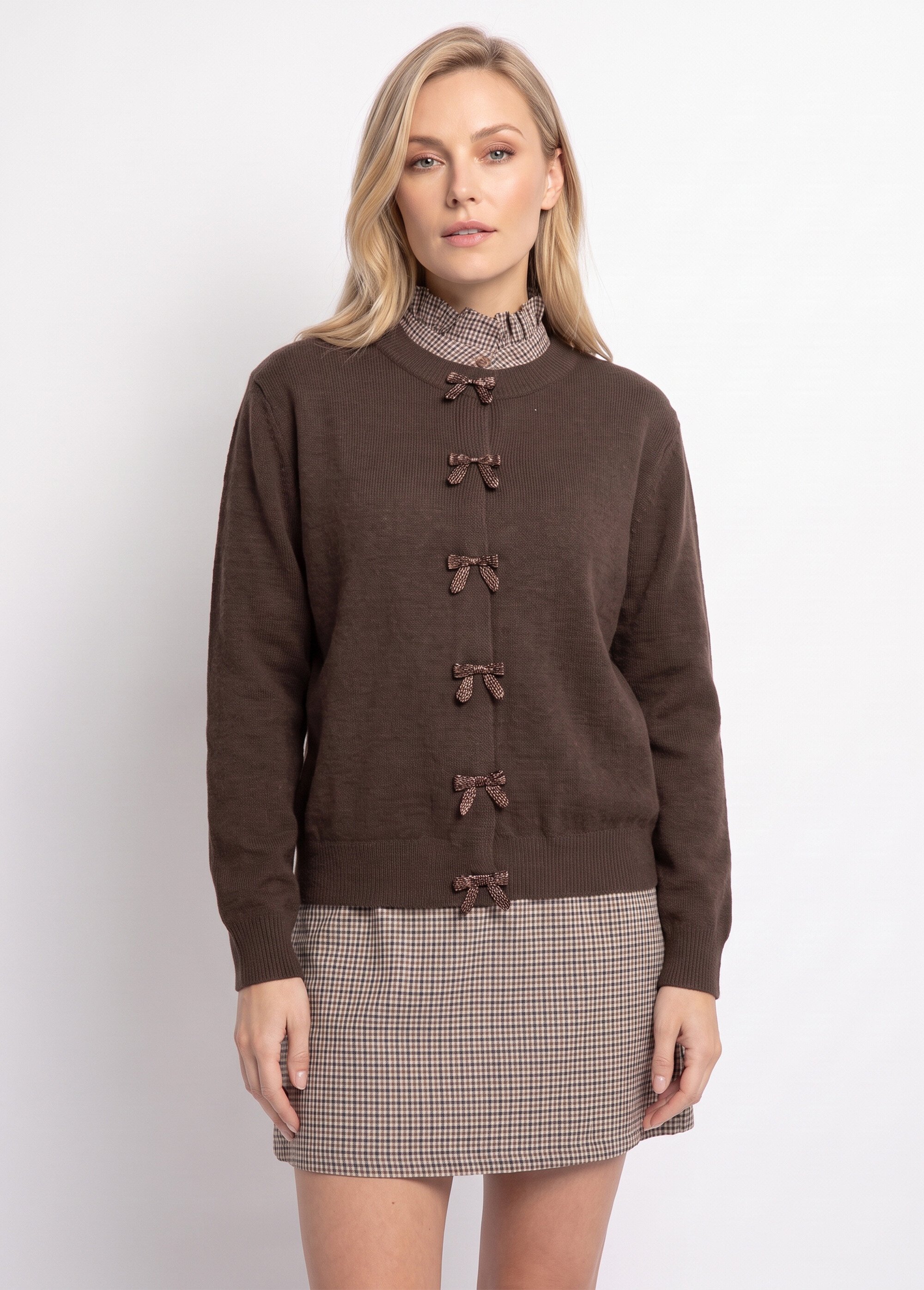 Gilet avec détails nœud perles de rocaille Femme Marron MA-603109 FA1