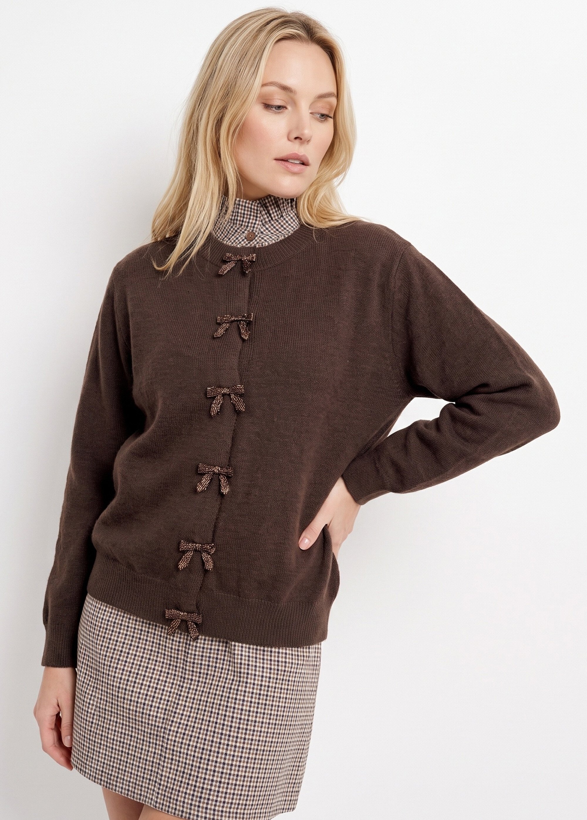 Gilet avec détails nœud perles de rocaille Femme Marron MA-603109 MV1