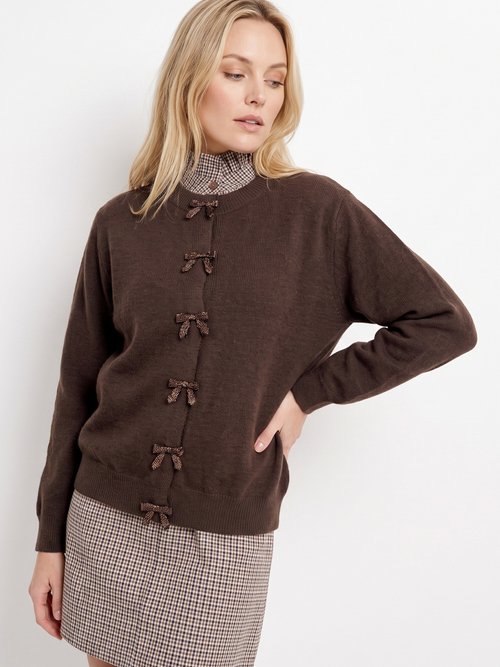 Gilet avec détails nœud perles de rocaille Femme Marron MA-603109 MV1