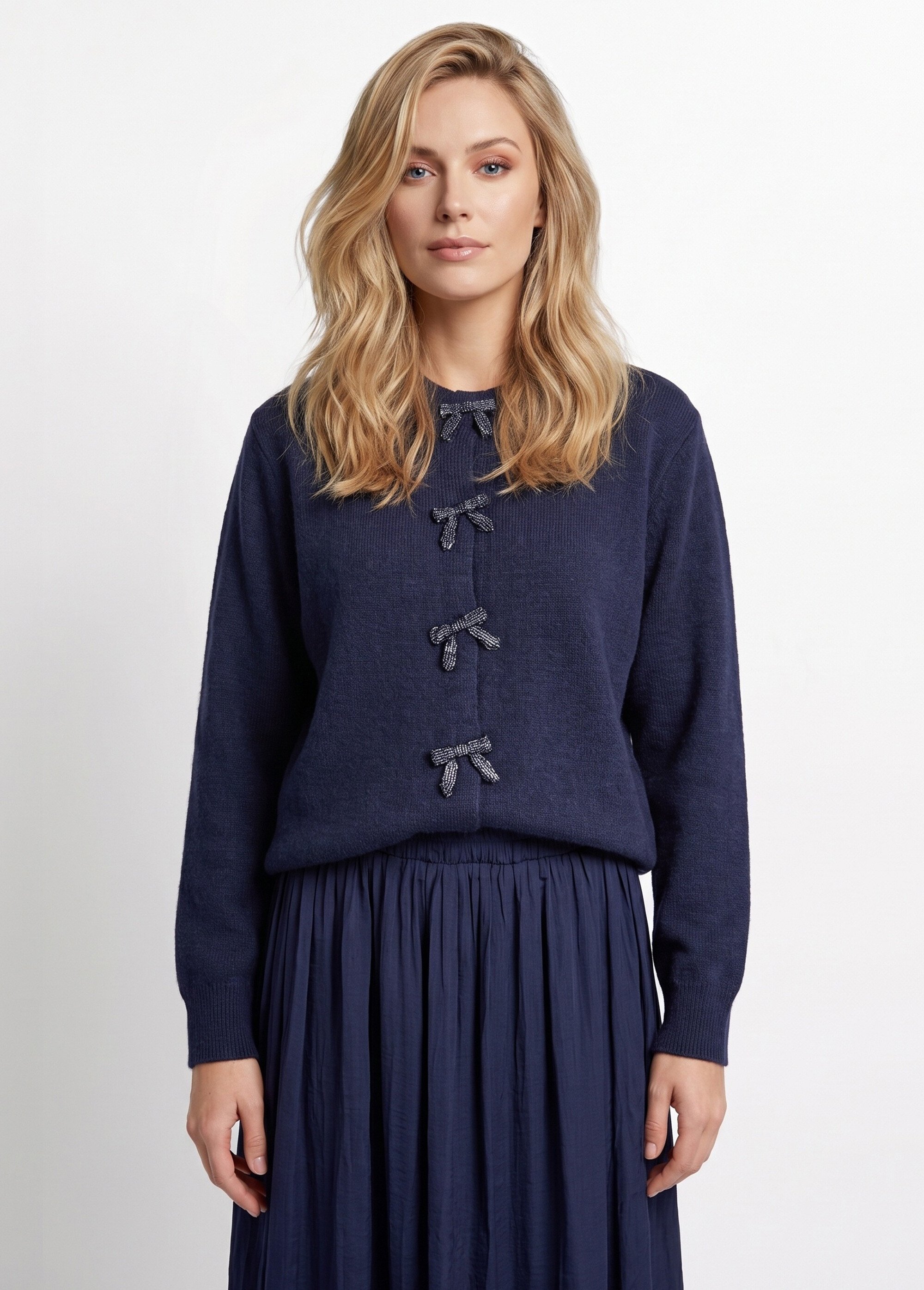 Gilet avec détails nœud perles de rocaille Femme Bleu MA-603109 FA1
